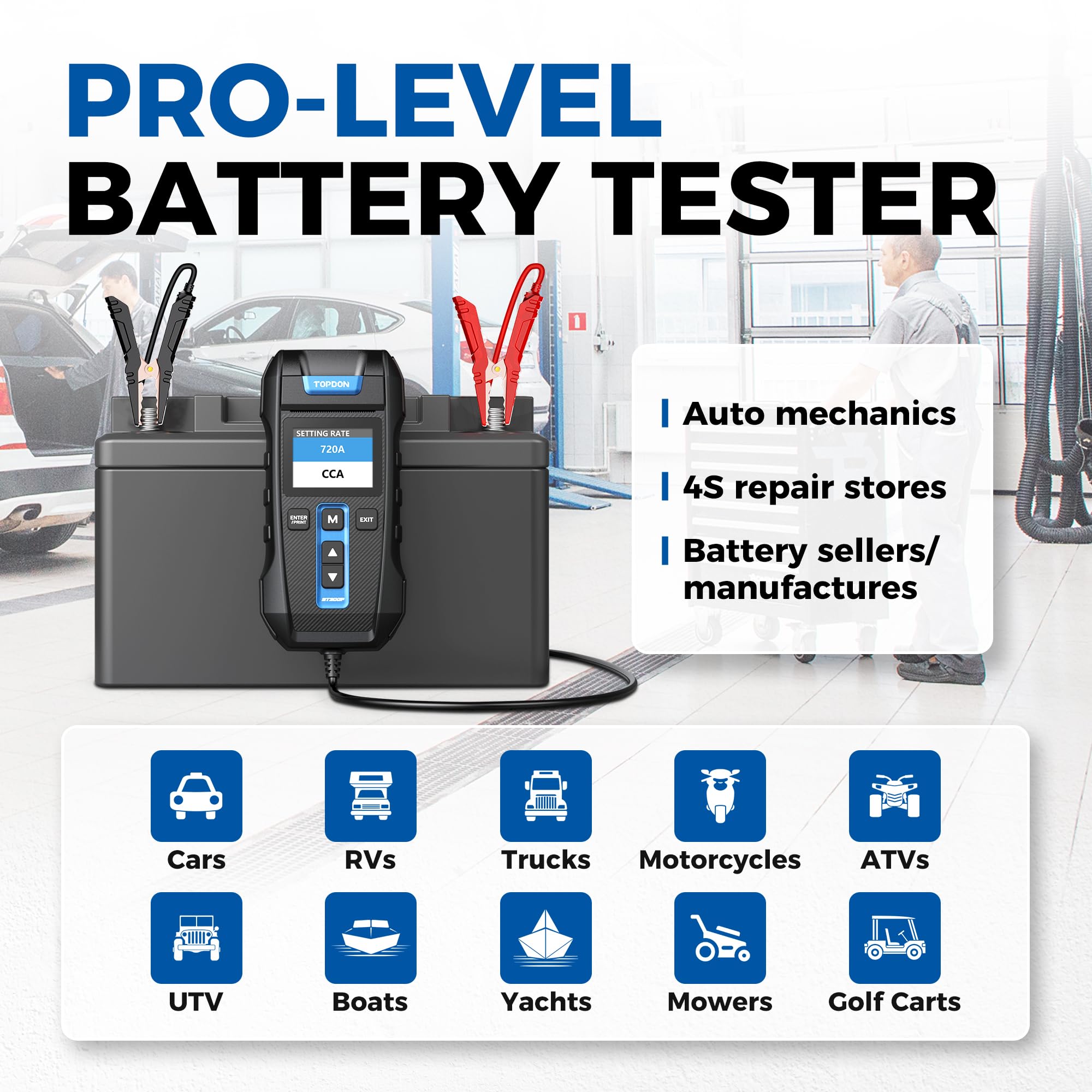 TOPDON BT300P 12V 24V Car Battery Tester - 100-2000CCA Lead-Acid Battery Load Tester with Built-in Printer & Spark-Free Metal Clamps | Alternator Tester with Automatic Reverse Polarity Protection | Perfect for Auto Shops, Mechanics & DIY Car Maintenance