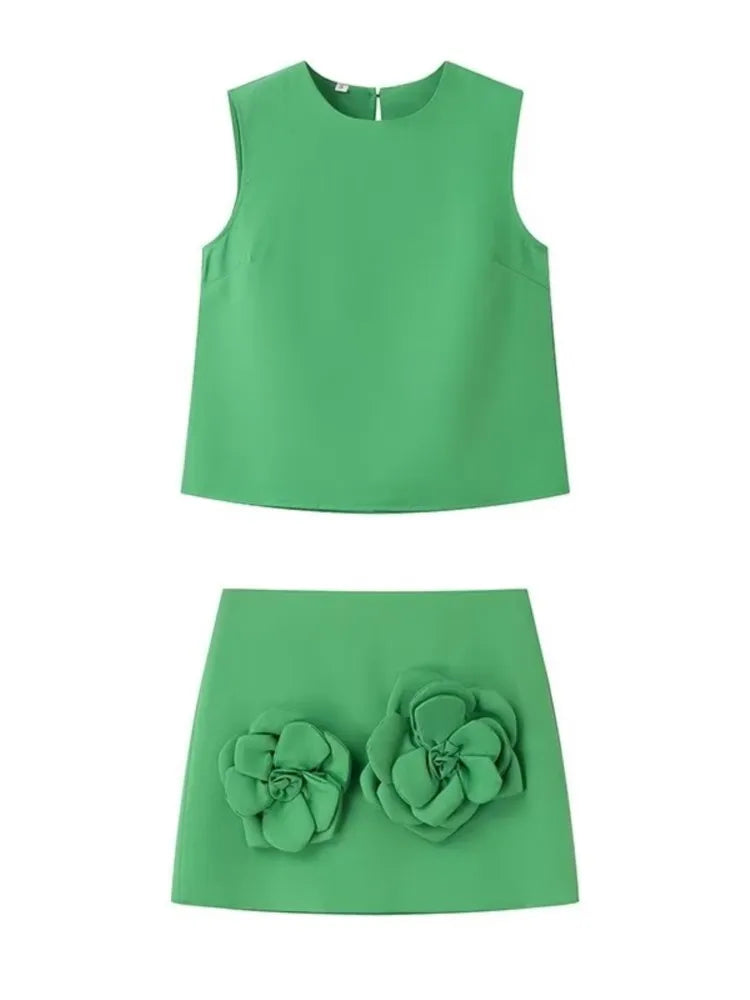 Y2K Mini Skirt Set for Women - Floral Applique Sleeveless Crop Top & Extreme Short Skirt Summer Outfit (White) | Perfect for Music Festivals, Beach Vacations & Streetwear Fashion
