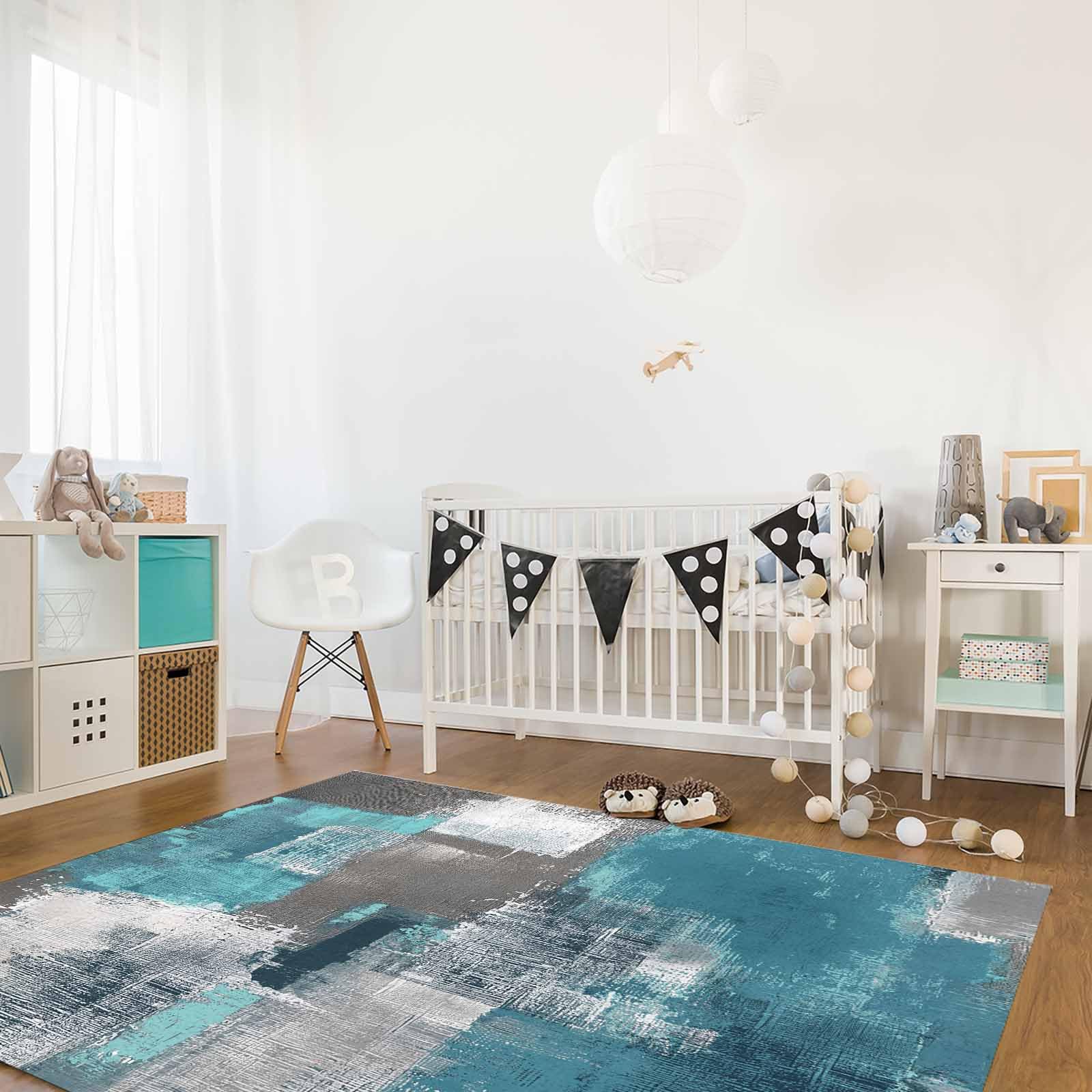 Modern Abstract Teal & Gray Shag Area Rug 2'8