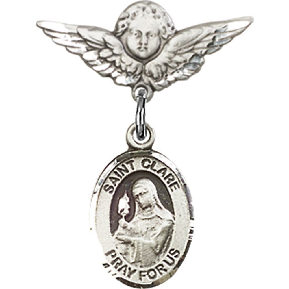 St. Clare of Assisi Sterling Silver Baby Badge with Angel Wing Charm - 7/8 X 3/4 Inch Religious Jewelry Pin - Perfect for Christening, Baptism & First Communion Gifts