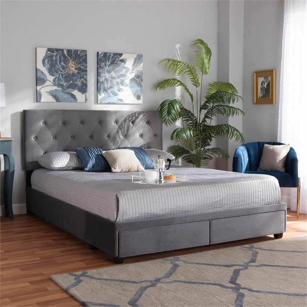 Baxton Studio Caronia Modern Grey Velvet Upholstered Queen Platform Storage Bed with 2 Drawers - Perfect for Small Bedrooms & Guest Rooms