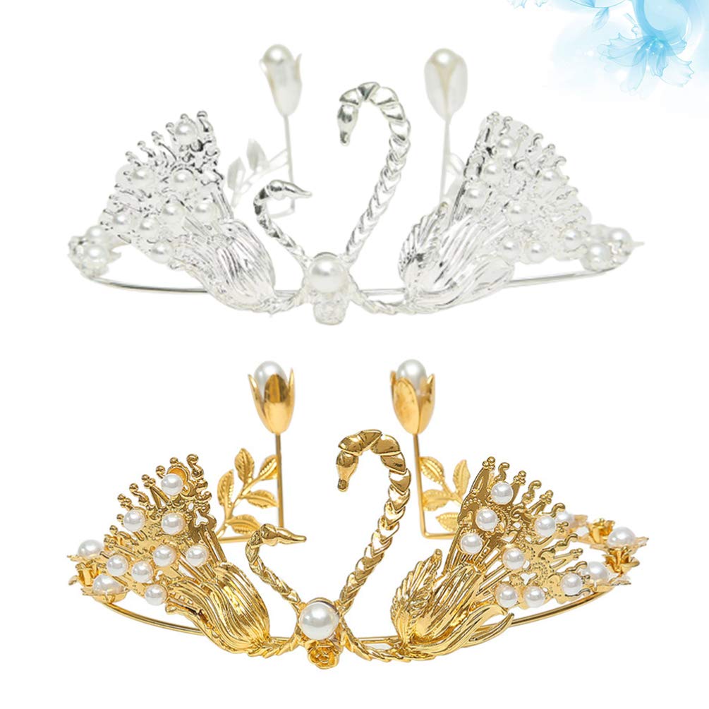 2PCS Rhinestone Tiara Swan Cupcake Toppers - Crystal Wedding Cake Decorations for Engagement, Anniversary & Birthday Parties - Elegant Pearl & Gold Trim Bride Princess Accessories (Perfect for Wedding Cakes, Bridal Showers, Birthday Celebrations & Special Events)