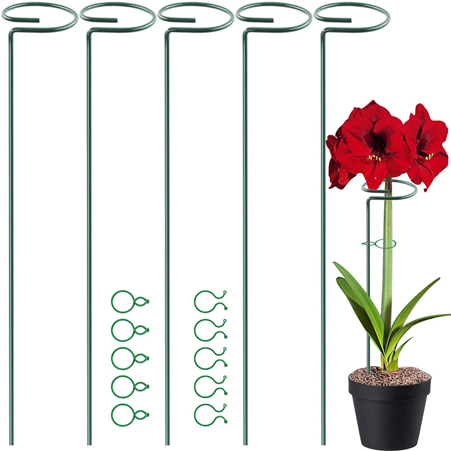 HiGift 5 Pack 17 Inch Garden Stakes - 4mm Thick Plant Support Stakes with 10 Clips for Tomato, Orchid, Lily, Peony & Rose Flowers | Sturdy Single Stem Support for Amaryllis & Other Blooming Plants | Perfect for Outdoor Gardens, Greenhouses & Indoor Potted Plants