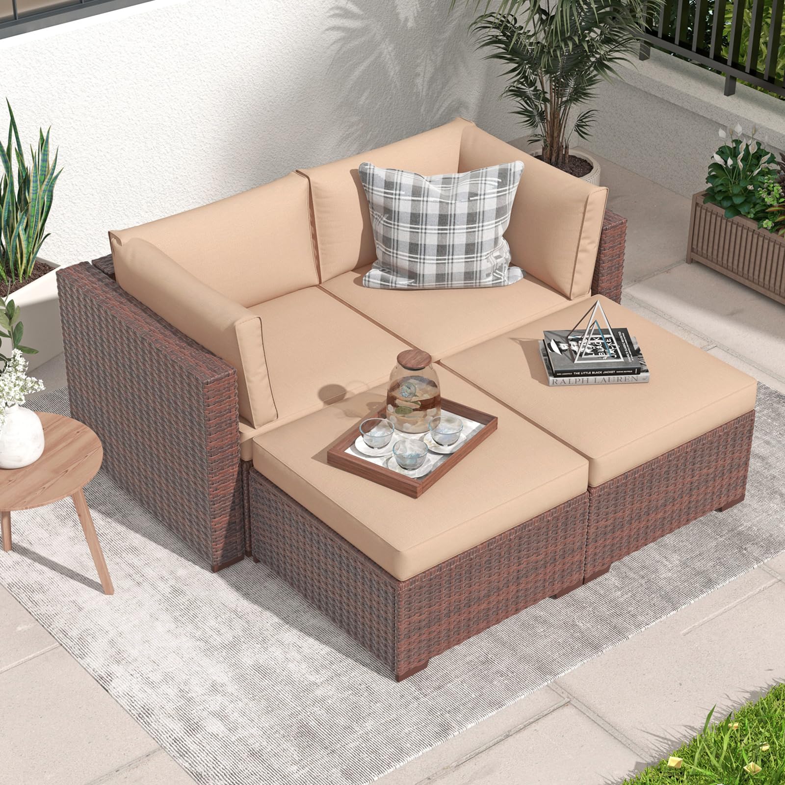 Patiorama 4-Piece All-Weather Wicker Patio Sectional Sofa Set with Loveseat & Ottoman - Beige Outdoor Cushions - Perfect for Backyard, Poolside & Garden Relaxation