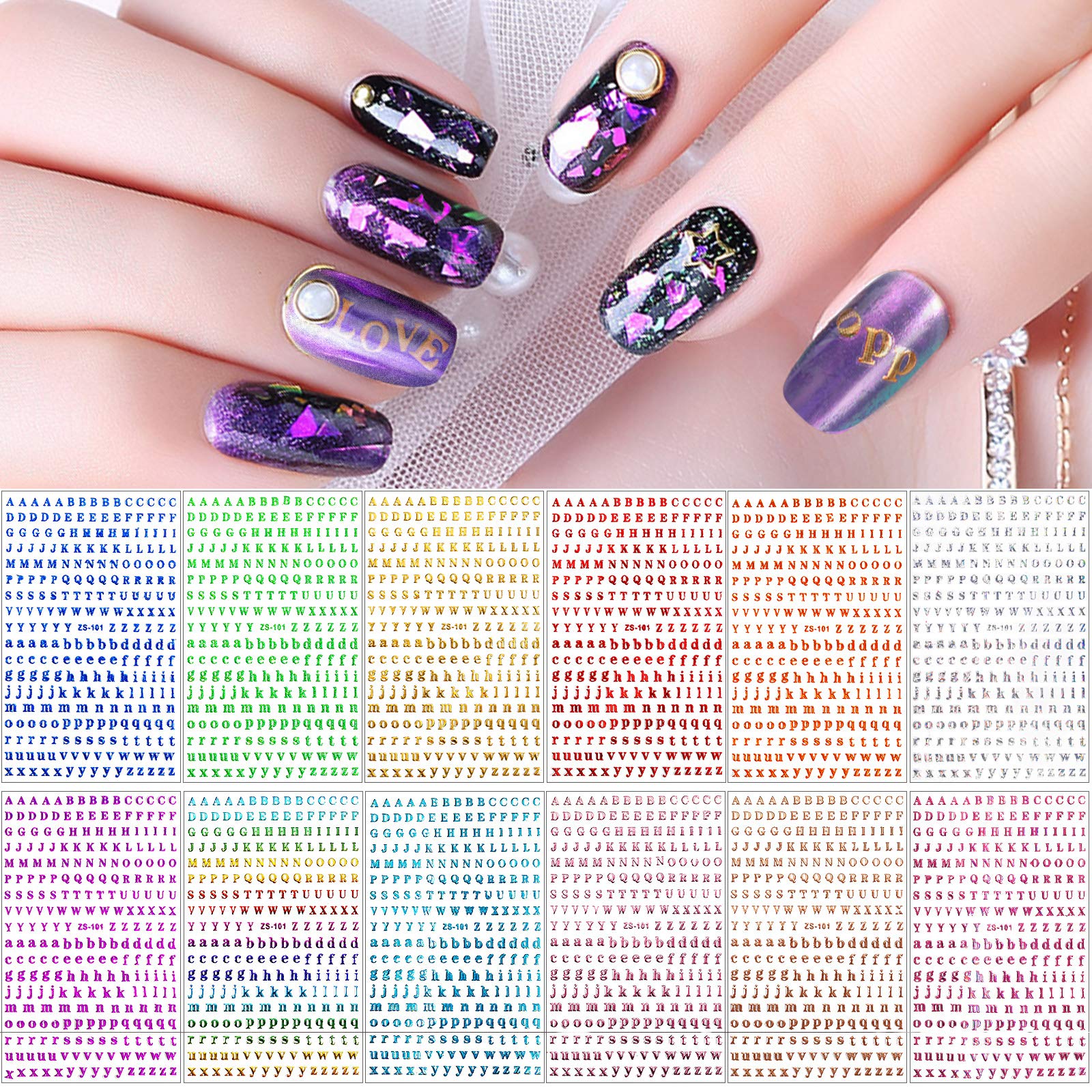 EBANKU 12 Sheets Holographic Alphabet Nail Stickers - Small 3D Laser Letter Nail Decals for Nail Art | Self-Adhesive Nail Decor for Parties, Weddings & DIY Manicures