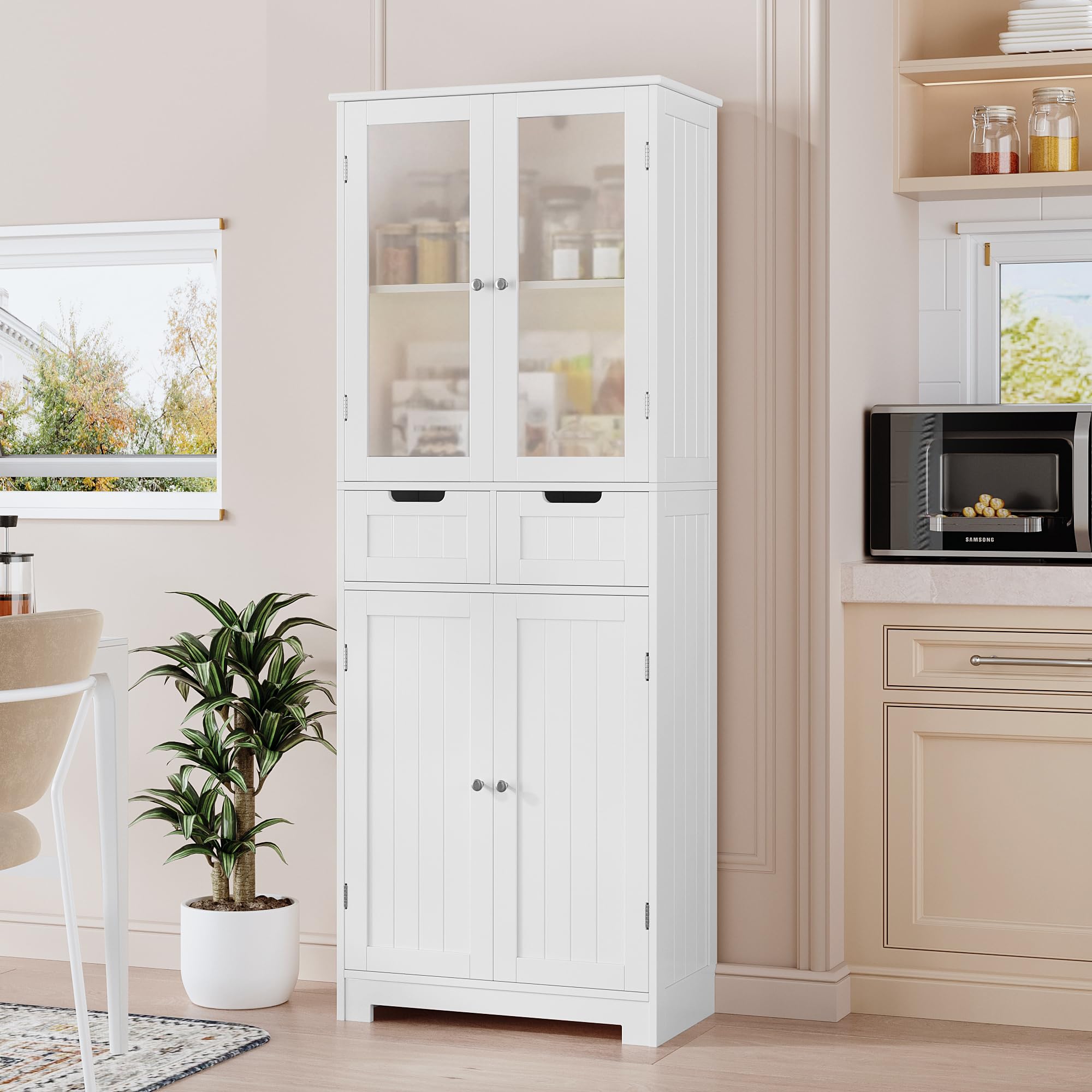 HOSTACK 64 Inch White Tall Storage Cabinet with Drawers and Glass Doors - Modern Kitchen Pantry, Bathroom Cabinet with Shelves, Free Standing Linen Cupboard for Dining Room - Perfect for Home Organization, Bedroom Storage & Living Room Decor
