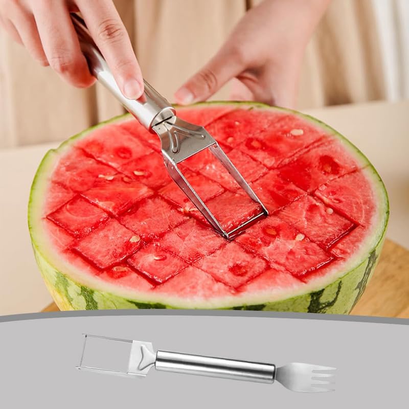 2024 Upgraded 2-in-1 Stainless Steel Fruit Cutter - Dual Head Watermelon Slicer & Fork Set for Kitchen, BBQ, Picnic (3-Piece Summer Fruit Cutting Tool for Home, Camping & Outdoor Parties)