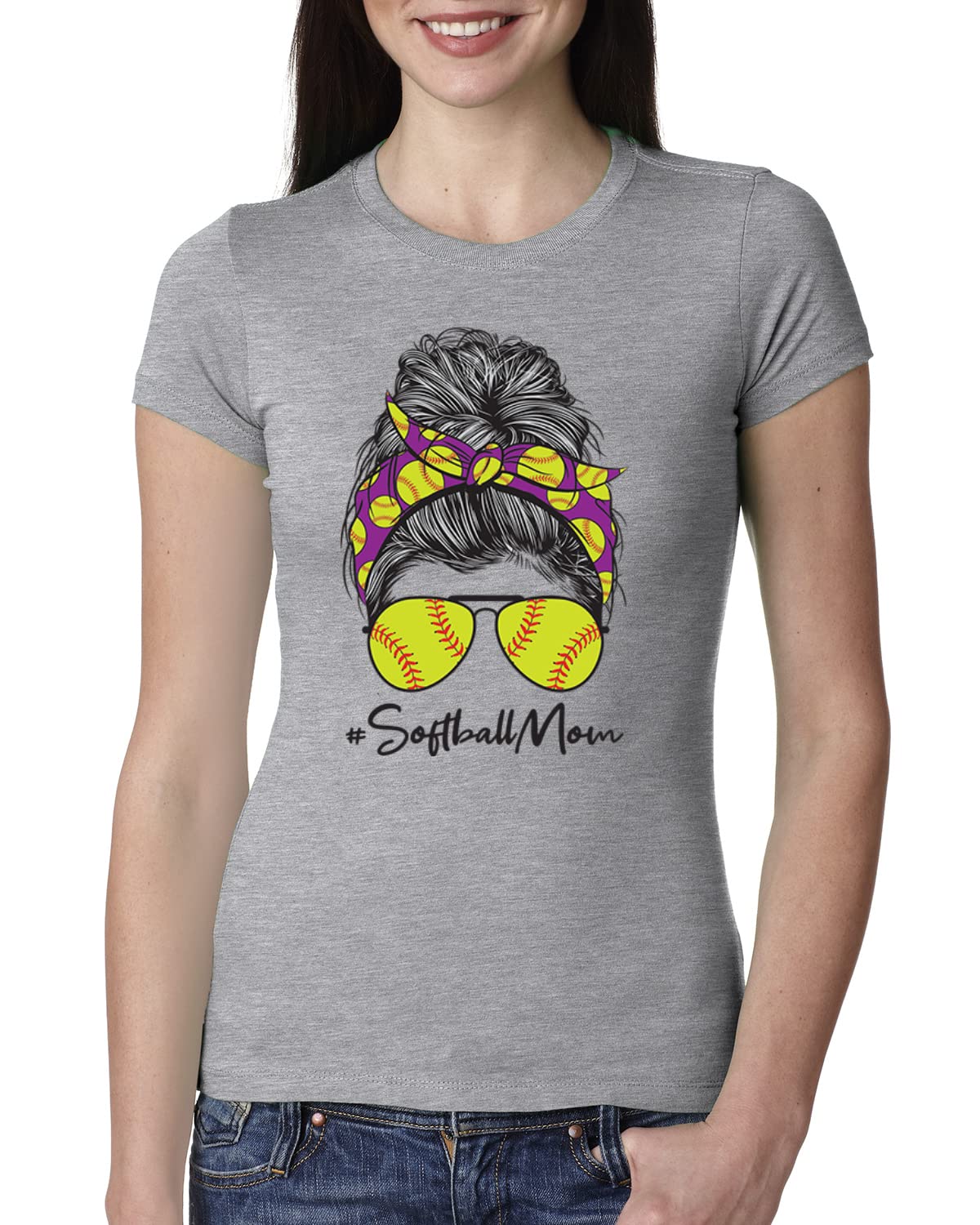 Messy Bun Softball Mom T-Shirt | Women's Slim Fit Junior Tee for Game Day, Sports Lovers & Mother's Day Gifts - Perfect for Baseball Games, Team Events & Casual Wear