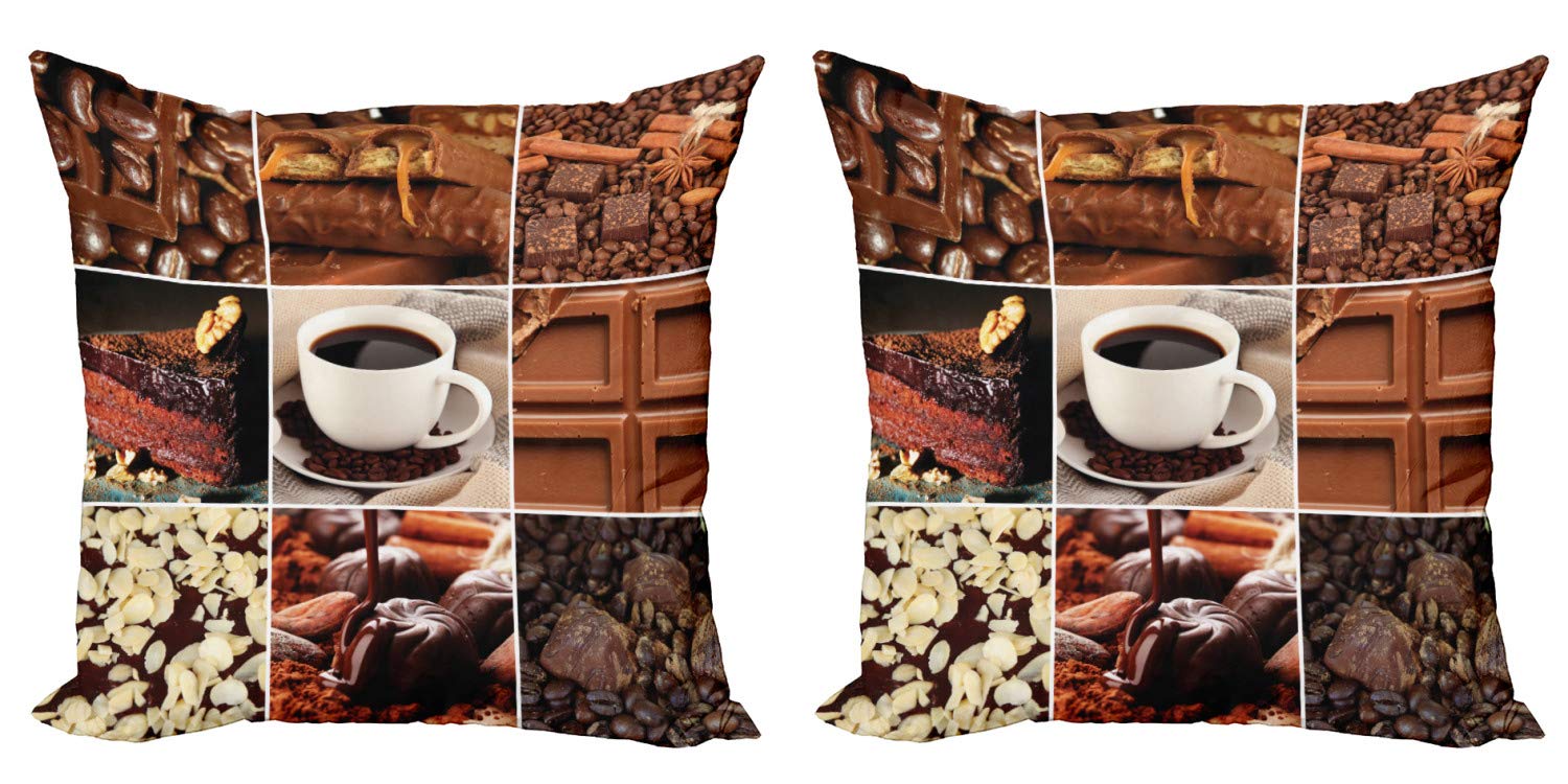 Ambesonne Brown Throw Pillow Covers Set of 2 - Coffee & Chocolate Themed Decorative Cushion Covers with Zipper, Double-Sided Digital Print (24 Inch) - Perfect for Living Room Sofa, Bedroom Decor, or Gift Idea