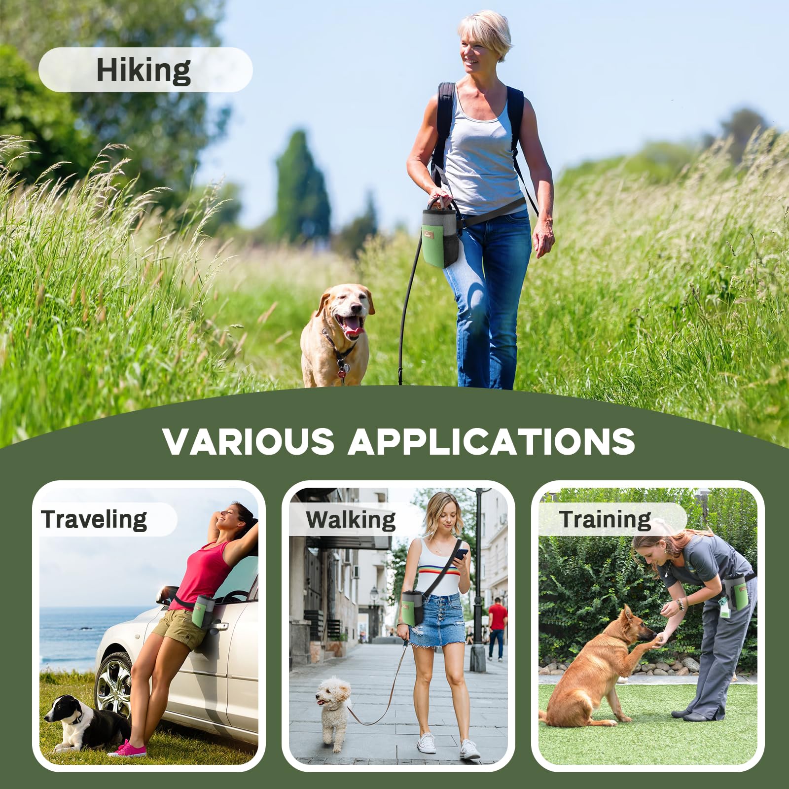 Premium Dog Treat Pouch - Large Capacity Pet Training Bag with Fashionable Green & Grey Design - Perfect for Dog Walks, Outdoor Adventures, Travel & Obedience Training - Includes Free Poop Bags - Ideal for Hiking, Park Visits & Daily Dog Care