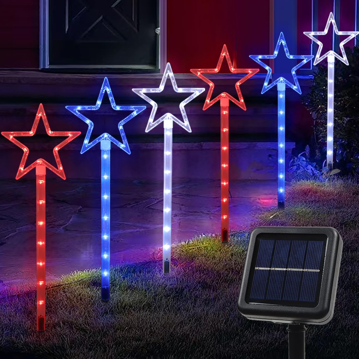 4th of July Solar Lights Outdoor Decorations - 6-Pack Red White Blue Big Star Patriotic Lights, Waterproof Memorial Day Garden & Yard Decor for Pathway, Lawn, Grave - Perfect for Independence Day, Veterans Day & Backyard BBQs