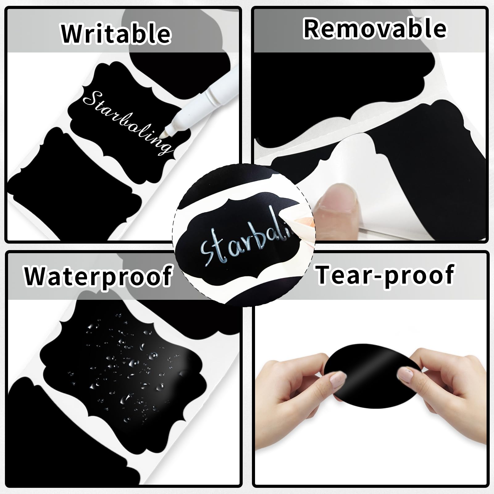 Starboling 300 Pcs Chalkboard Labels 2.4x1.6 Inch - Reusable Waterproof Blackboard Stickers with White Chalk Marker - Perfect for Jars, Bottles, Storage Bins & Kitchen Organization - Great for Pantry, Office & Classroom Labeling