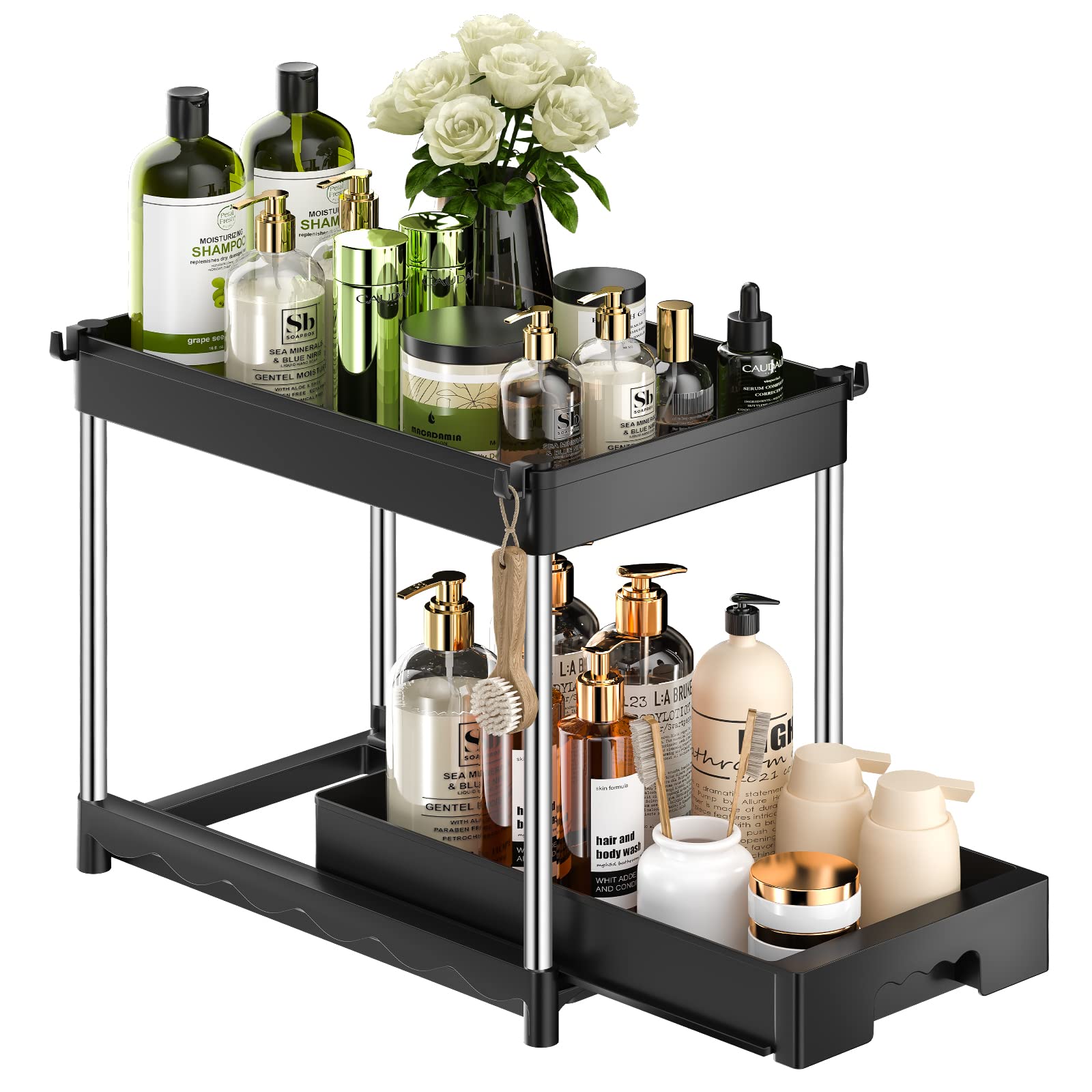 COORACK 2-Tier Sliding Cabinet Organizer - Under Sink Storage Solution for Kitchen & Bathroom | Space-Saving Pull-Out Drawer Organizer for Utensils, Cleaning Supplies & Cosmetics | Perfect for Small Spaces & Clutter-Free Organization