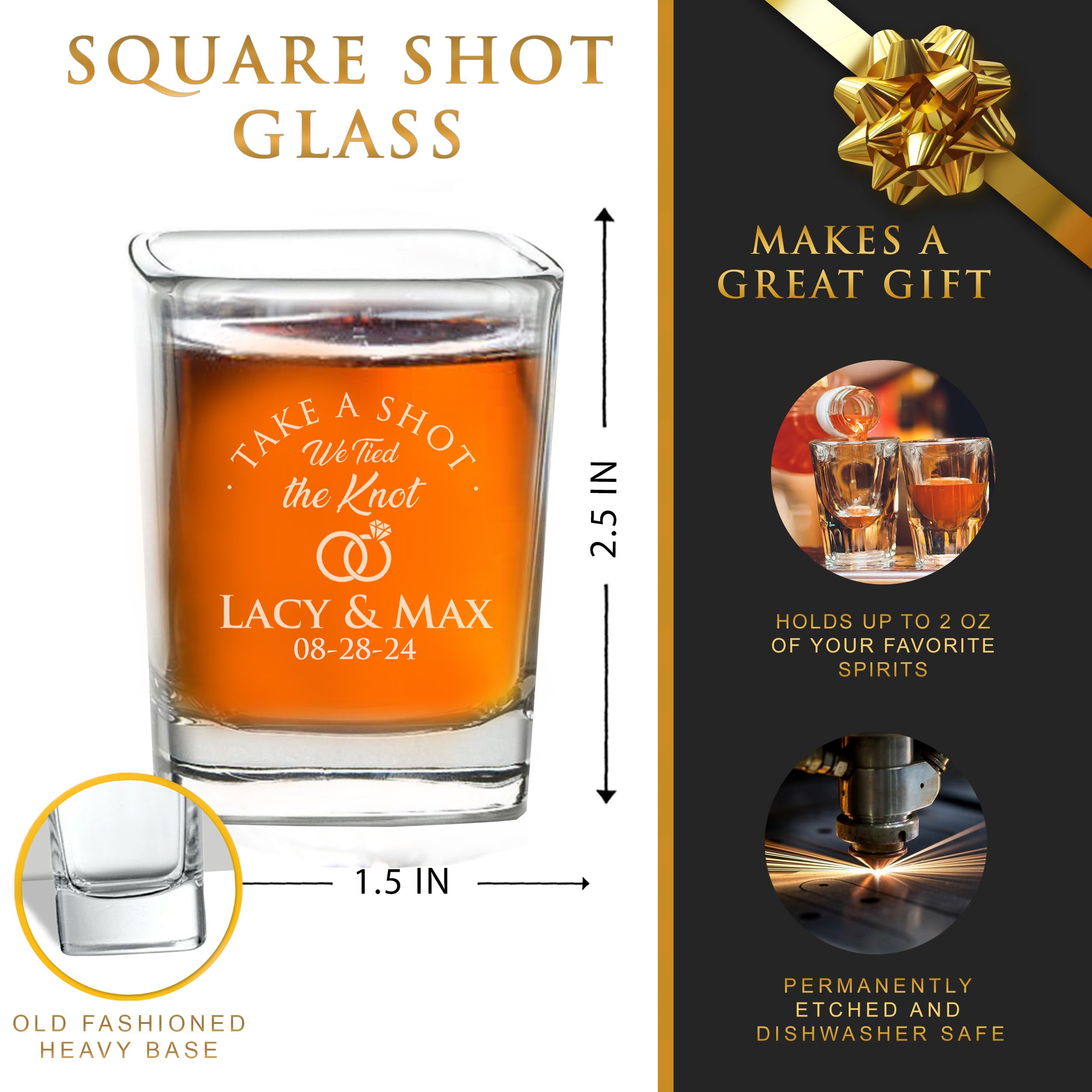 Custom Engraved Wedding Shot Glasses - Personalized 'Take a Shot We Tied the Knot' Barware for Guests, Couples & Engagement Parties (Set of 100) - Perfect for Wedding Receptions, Bridal Showers & Anniversary Celebrations