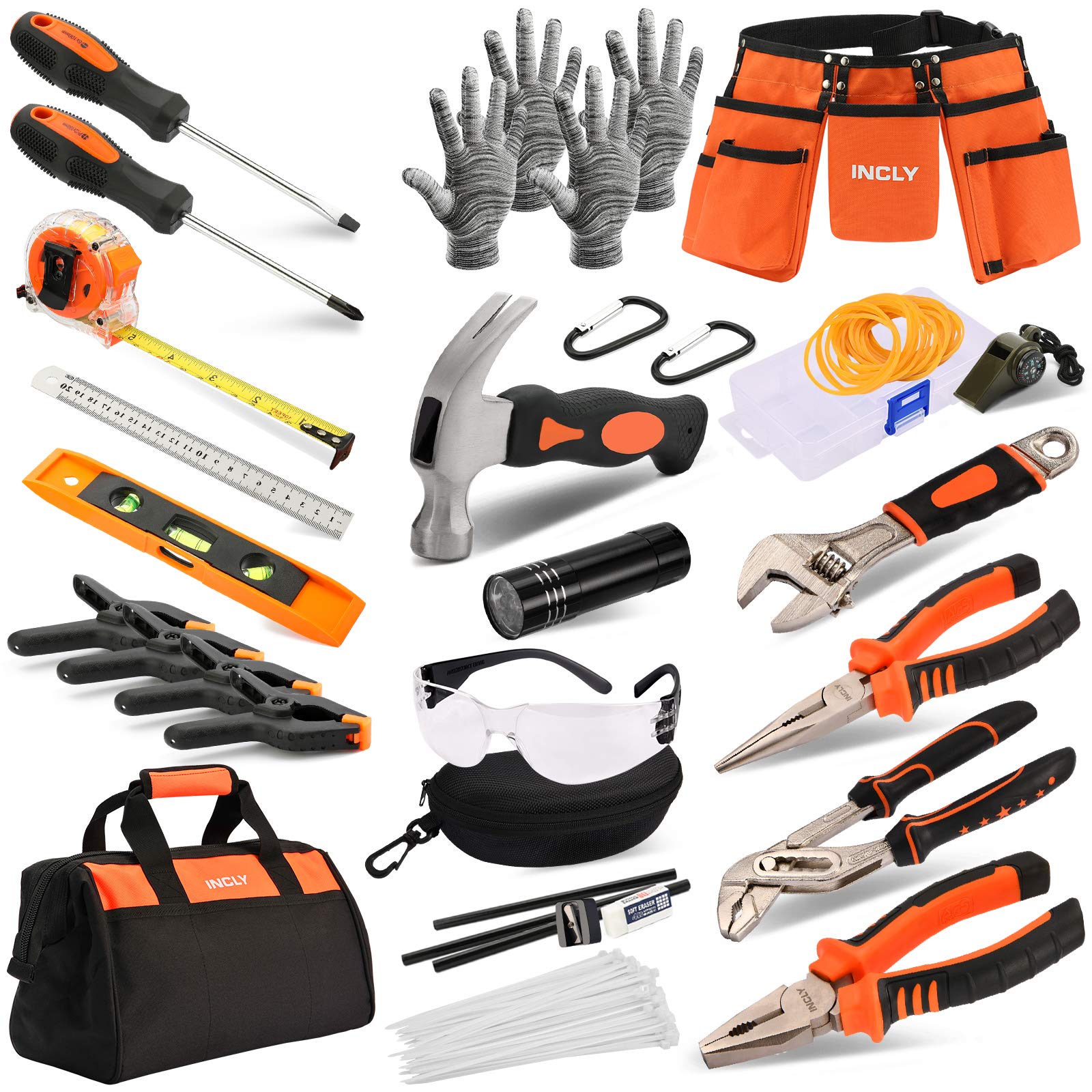 INCLY 95-Piece Kids Real Tool Set - Boys Construction Learning Tools with Hammer & Screwdriver for Home DIY, Woodworking & STEM Projects - Includes Tool Belt & Storage Bag - Perfect Gift for Young Builders