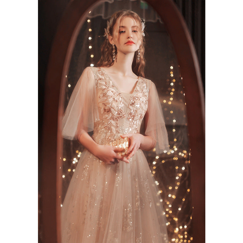 Elegant Gold A-Line Tulle Prom Dress with Mid Sleeves - Formal Evening Gown for Homecoming, Quinceañera & Special Occasions | Style 216