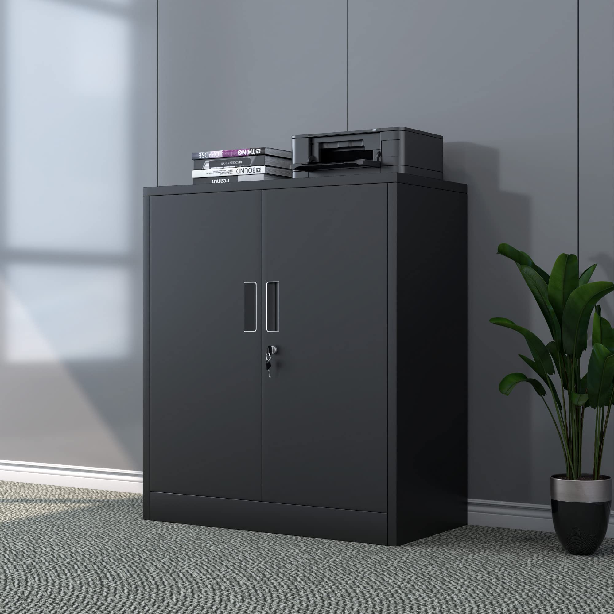 Lockable Metal Storage Cabinet with 2 Adjustable Shelves - Small Steel Storage Cabinet for Garage, Home Office, Basement, Pantry, Classroom & Workshop (Black) | Perfect for Organizing Tools, Files & Supplies in Any Space