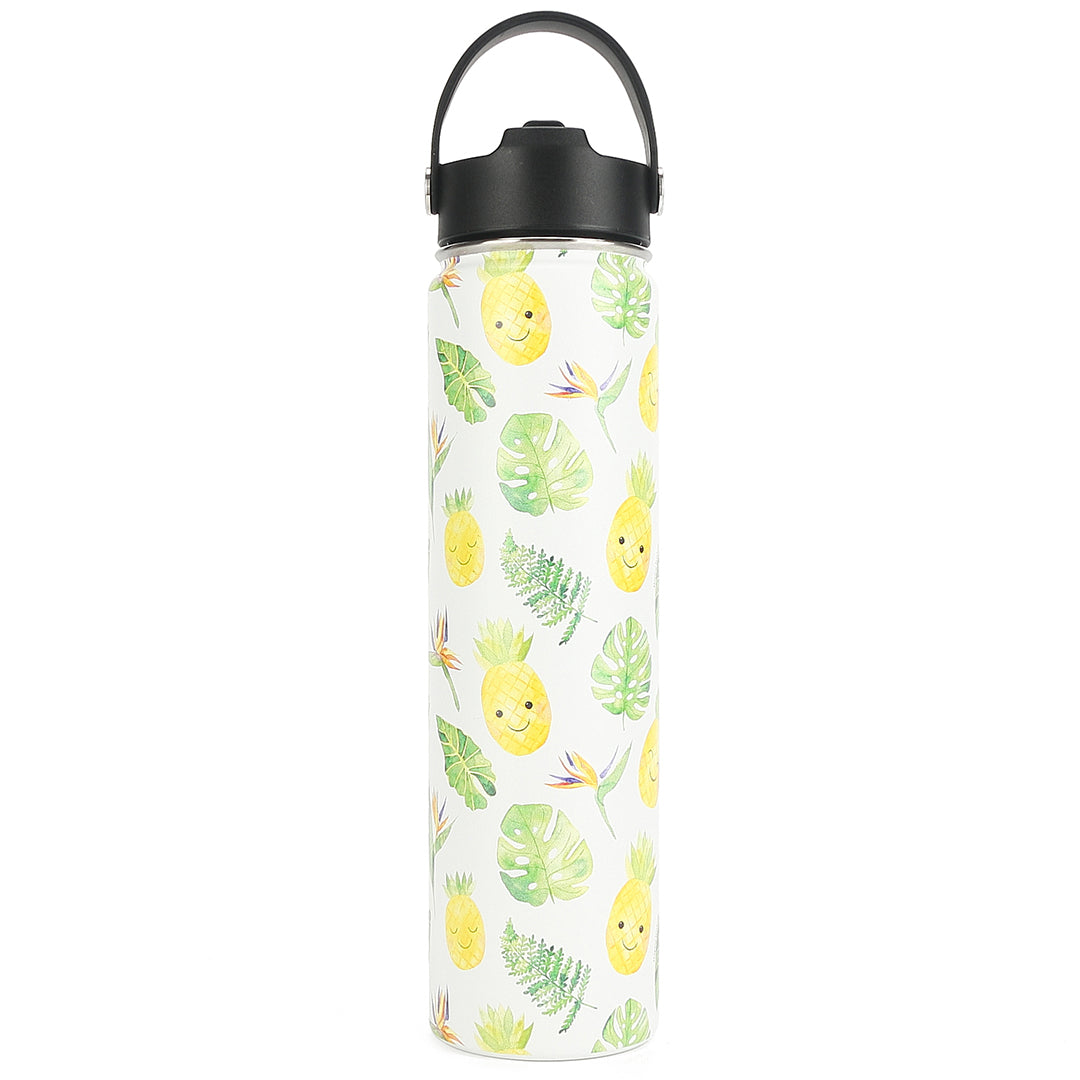 24oz Insulated Stainless Steel Water Bottle with Pineapple Monstera Design - Keeps Drinks Cold 24Hrs/Hot 12Hrs - Perfect for Gym, Hiking, Travel & Office Use