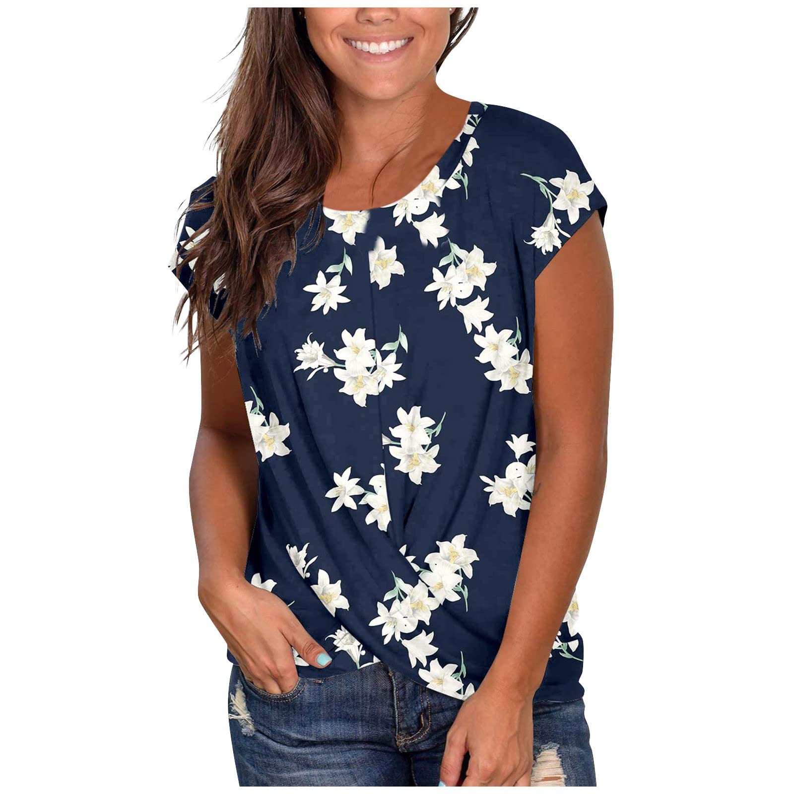 Women's Short Sleeve T-Shirts - Summer Casual Loose Tunic Tops with Front Twist Detail | Basic Work Tee & Trendy Blouse for Ladies | Perfect for Office, Weekend Outings & Summer Travel