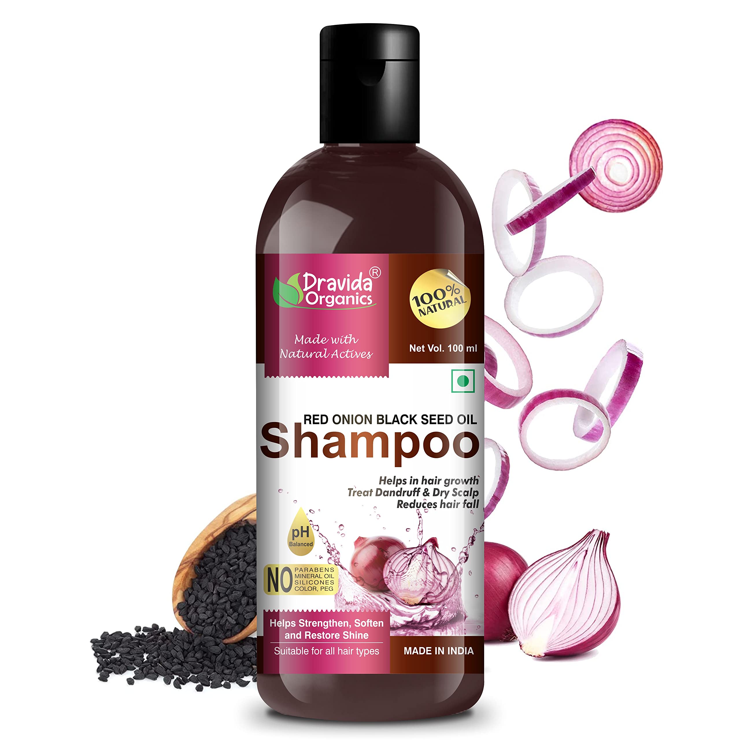 Dravida Organics Red Onion Shampoo for Hair Growth - Anti Dandruff Treatment & Reduces Hair Fall (100ml) | Promotes Thicker, Healthier Hair for Men & Women - Ideal for Daily Use & Scalp Care