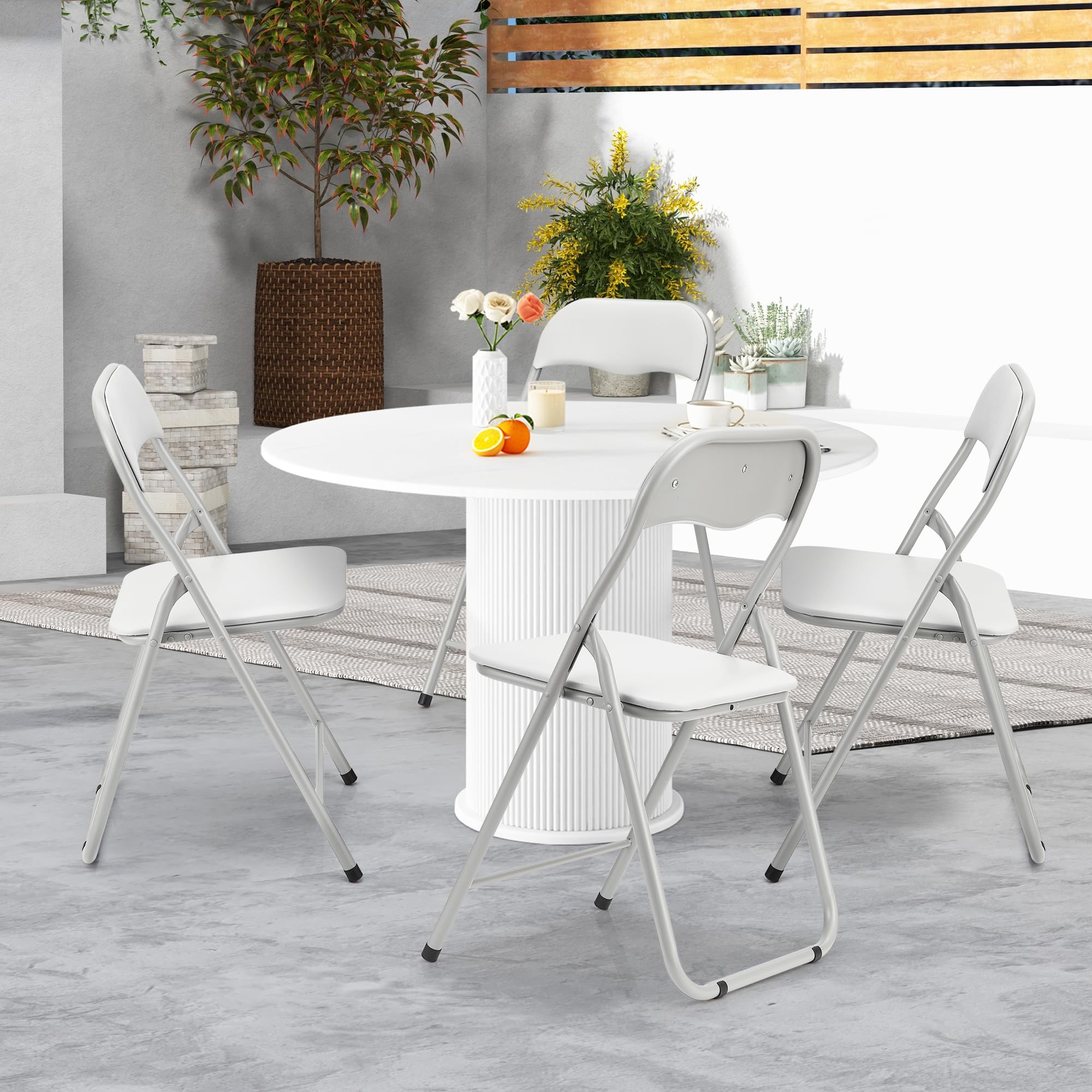 4 Pack Folding Chairs with Cushion - Portable Metal Stackable Chairs for Indoor & Outdoor Events, Non-Slip Feet Pads, Grey - Perfect for Parties, Picnics, Weddings & Home Use