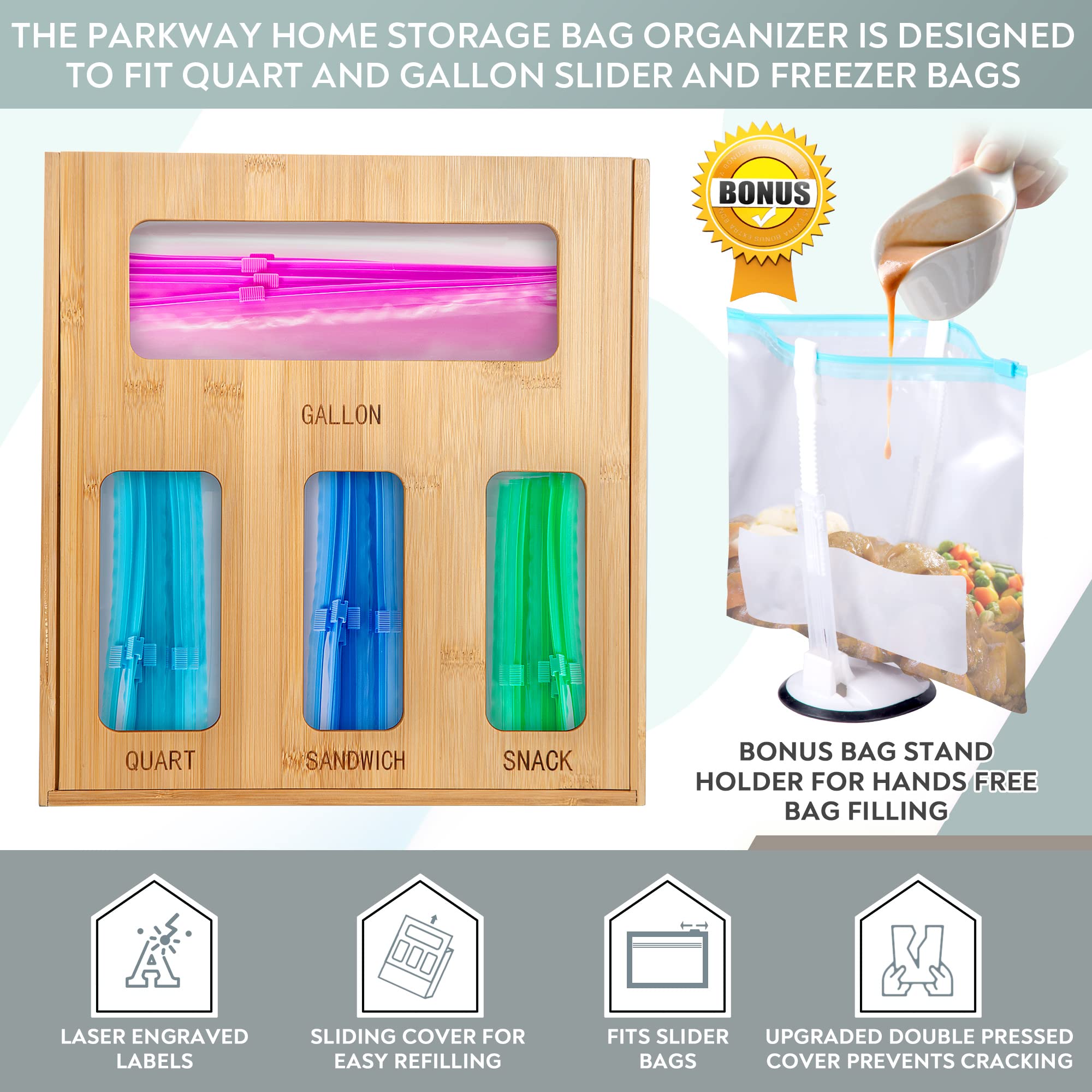 Bamboo Drawer Organizer for Storage Bags - Sandwich, Snack & Gallon Bag Holder Stand - Perfect for Kitchen, Pantry & Office Organization