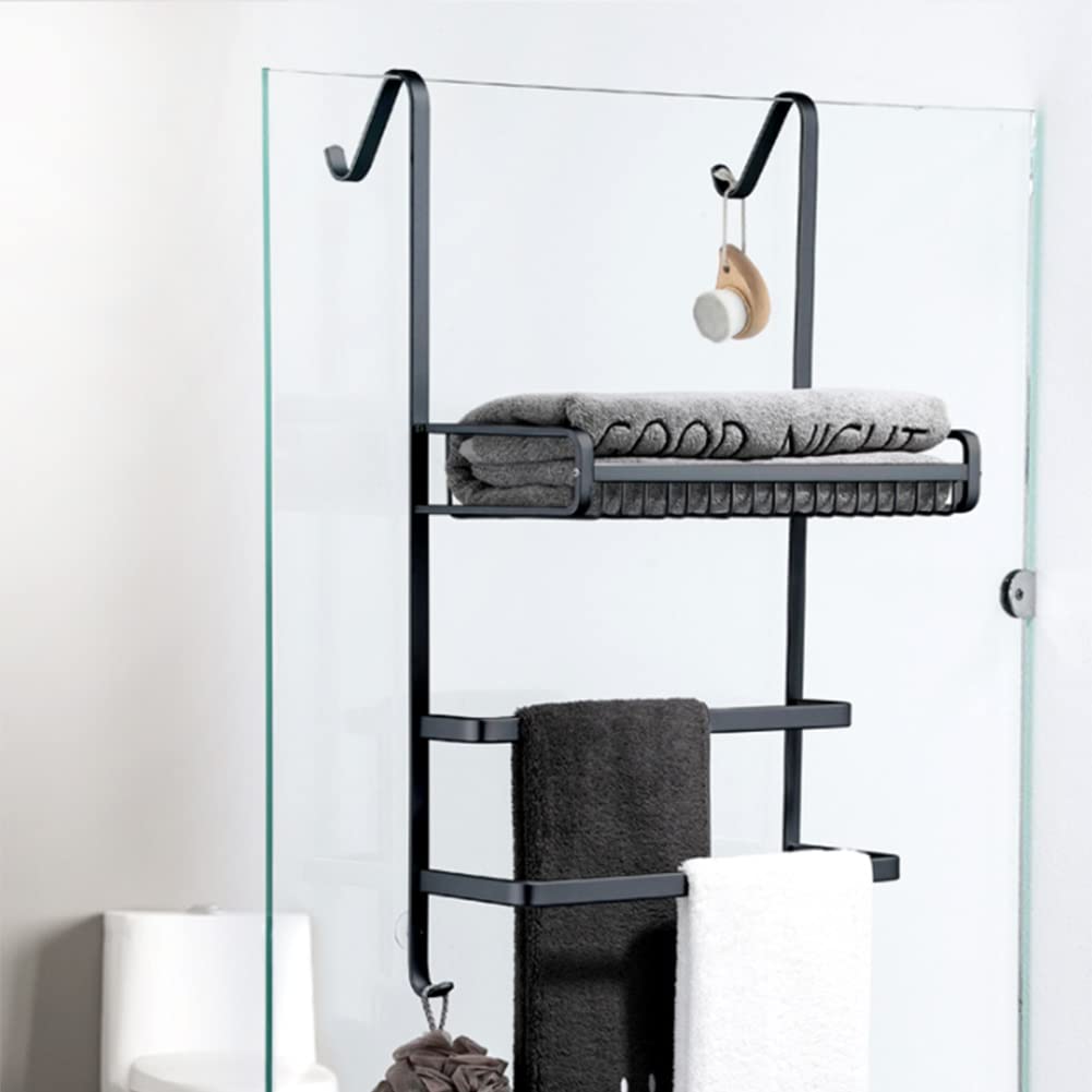 Over The Door Hanging Storage Organizer - Heavy Duty Spice Rack Shelf with Hooks & Towel Bar for Bathroom & Kitchen - Space Saving Solution for Small Homes (Black, 2 Bars, 40cm) - Perfect for Organizing Spices, Towels, and Toiletries in Compact Spaces