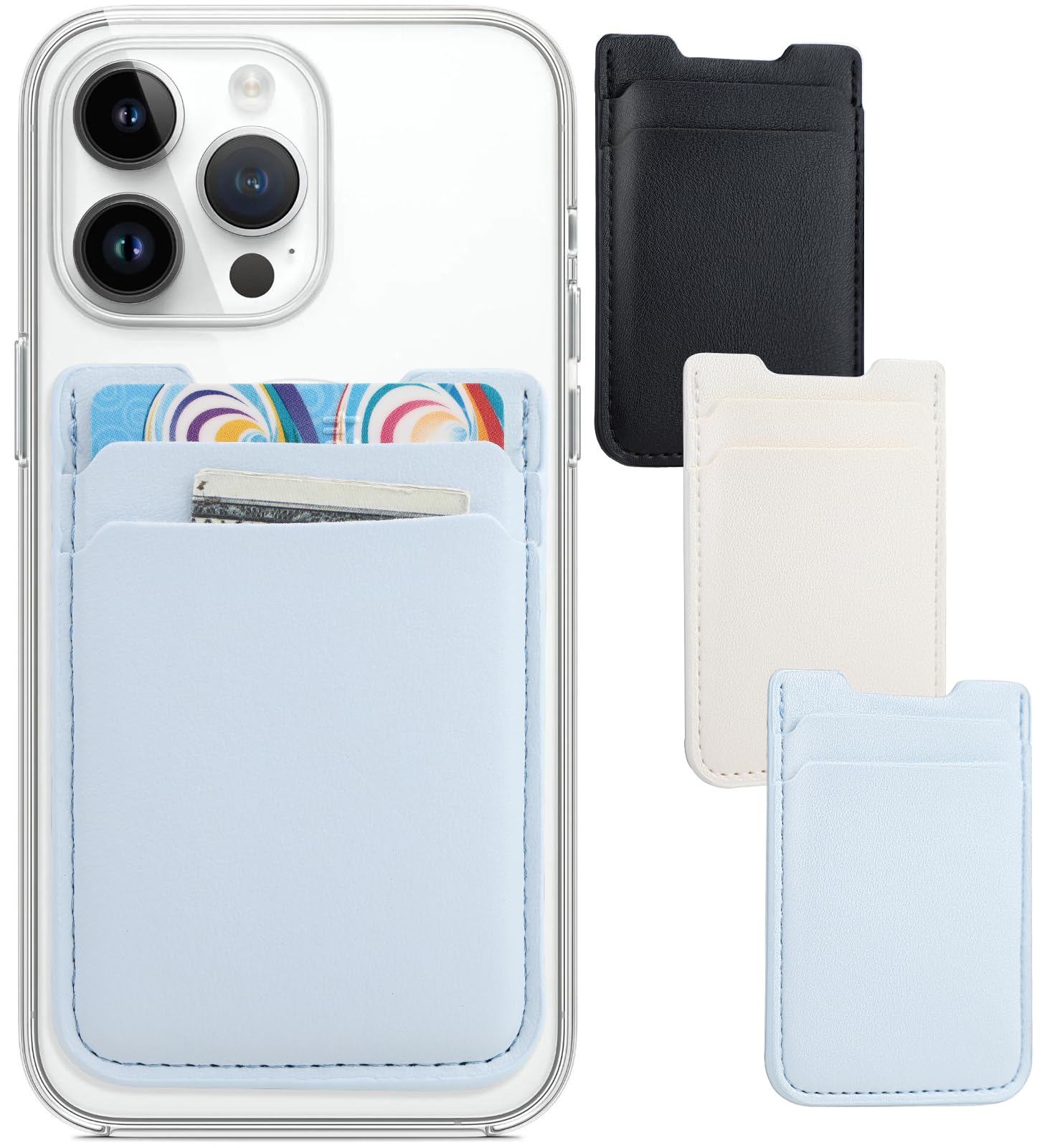 3 Pack Phone Wallet Stick On - Leather Credit Card Holder for iPhone, Android, Samsung (Baby Blue, White, Black) | Slim Sticky Wallet for Phone Case | Perfect for Travel, Shopping & Everyday Use