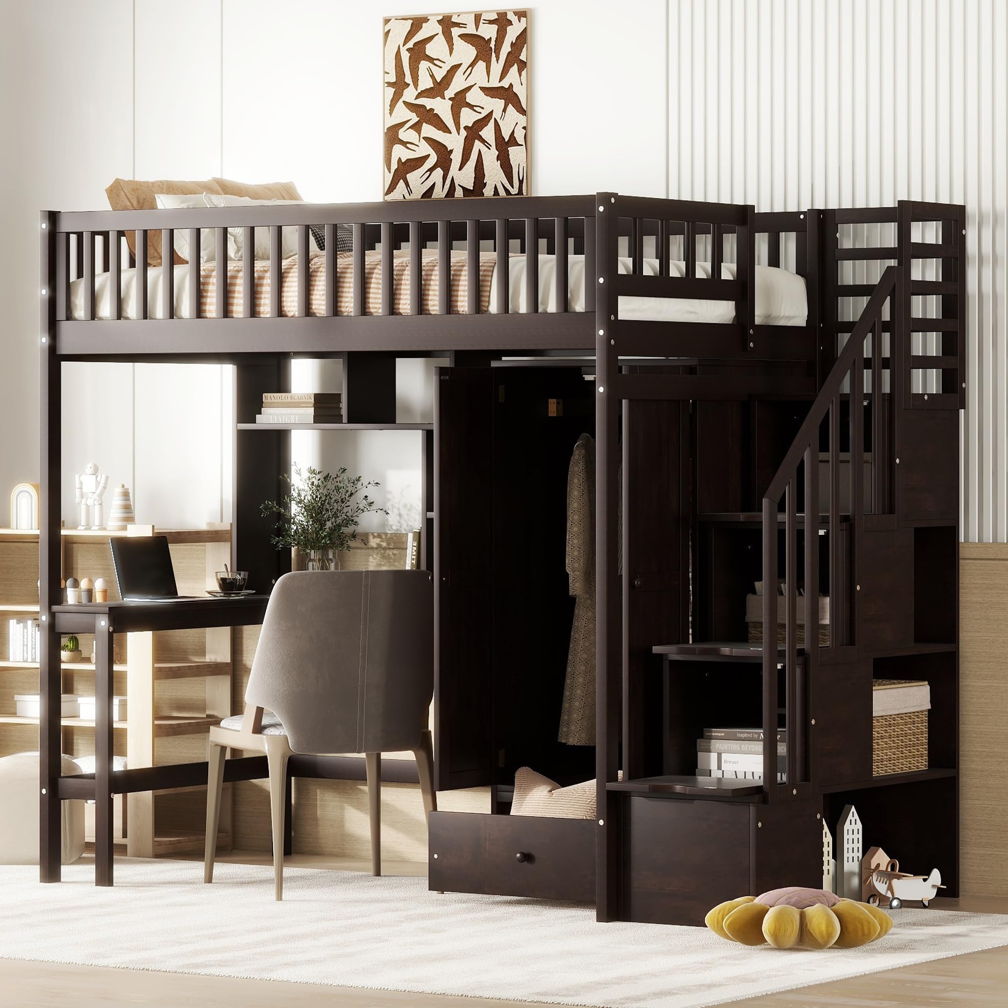 Harper & Bright Designs Twin Loft Bed with Stairs - Solid Wood Loft Bed Frame with Wardrobe, Desk, Bookshelf & Storage Drawers in Espresso | Perfect for Kids' Bedroom, Dorm Room & Small Space Organization