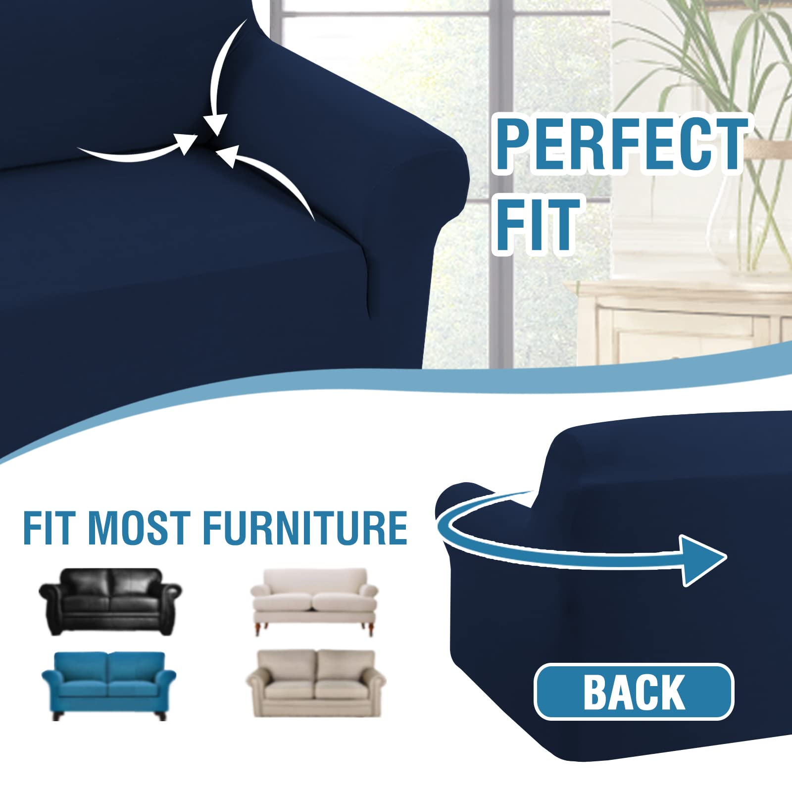 H.VERSAILTEX 2023 Stretch Loveseat Cover - 1-Piece Non-Slip Sofa Protector for 2 Cushion Couches, Soft Spandex Form-Fit with Elastic Bottom (Navy) - Perfect for Living Room, Apartment & Pet-Friendly Furniture Protection
