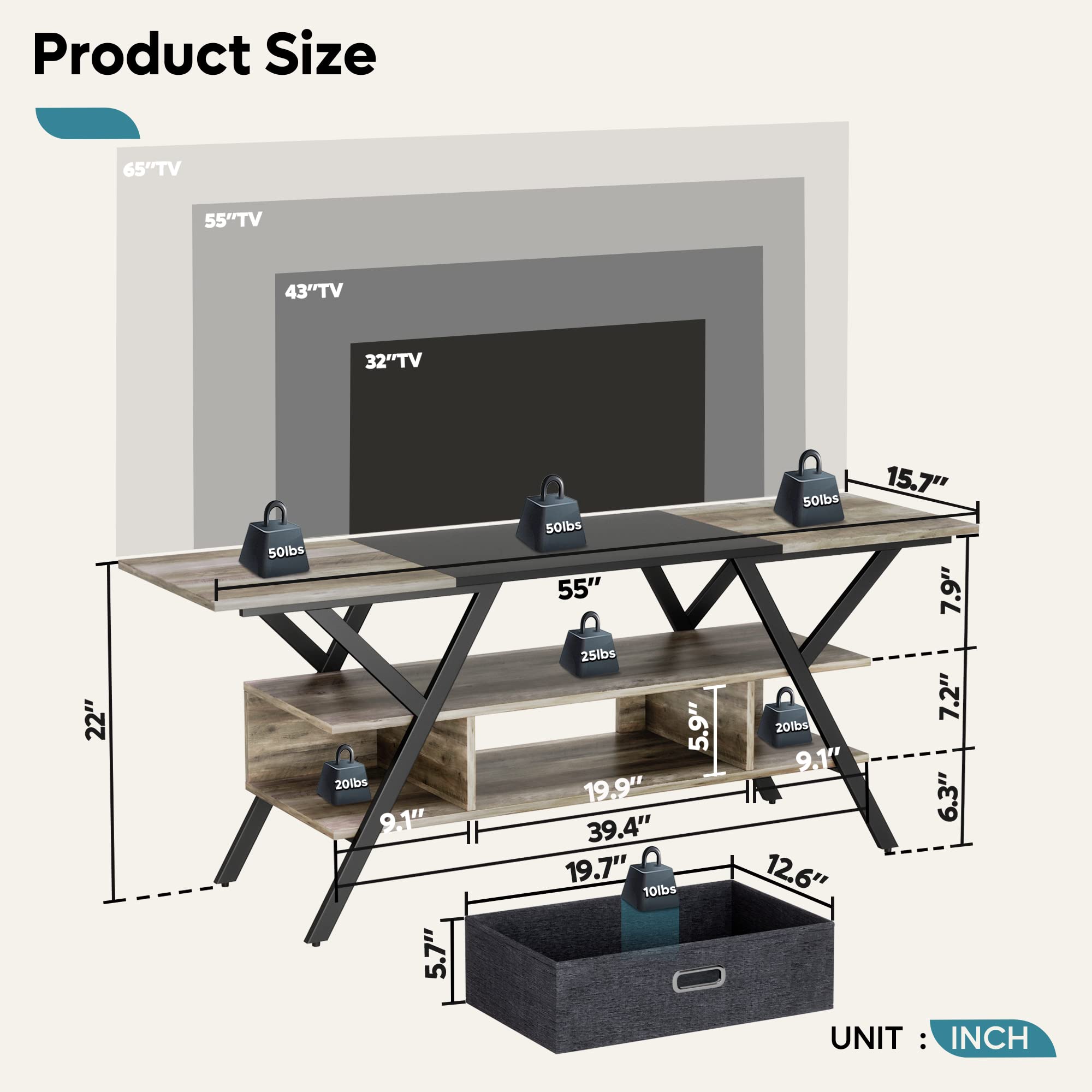 Bestier 55/60/65 Inch LED TV Stand with Storage Drawers - Modern Entertainment Center for Gaming Consoles (PS5/Xbox) - Wash Gray TV Cabinet for Living Room & Bedroom - Perfect for Movie Nights & Gaming Sessions