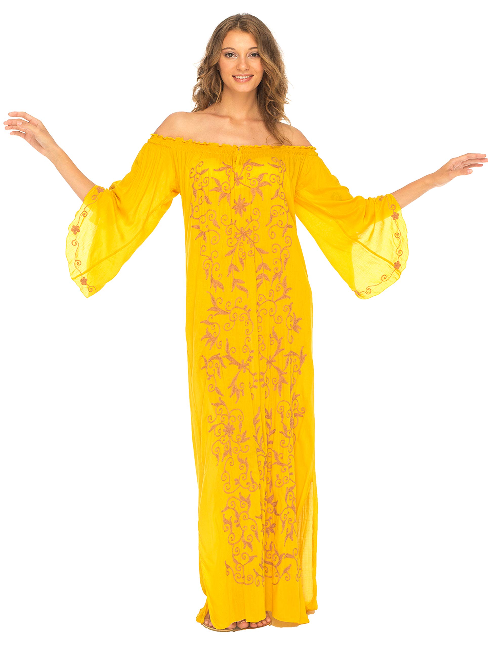 SHU-SHI Women's Casual Boho Ethnic Long Sleeve Off Shoulder Embroidered Maxi Dress - Perfect for Beach Vacations, Summer Parties & Boho Fashion