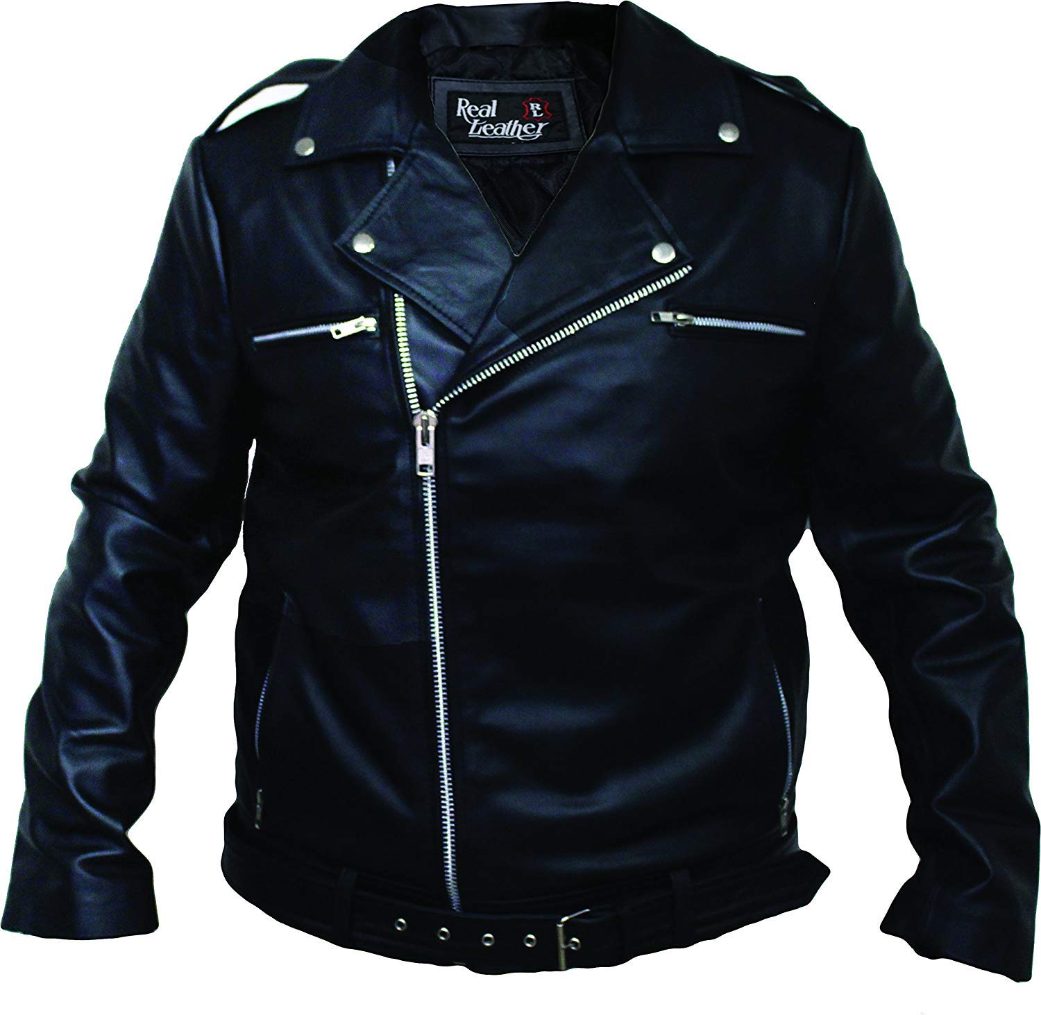 Jeffrey Dean Morgan Negan Black Leather Jacket - Walking Dead Inspired Highway Moto Belted Jacket for Men (XL) | Cosplay, Halloween Costume, TV Show Fan Gift