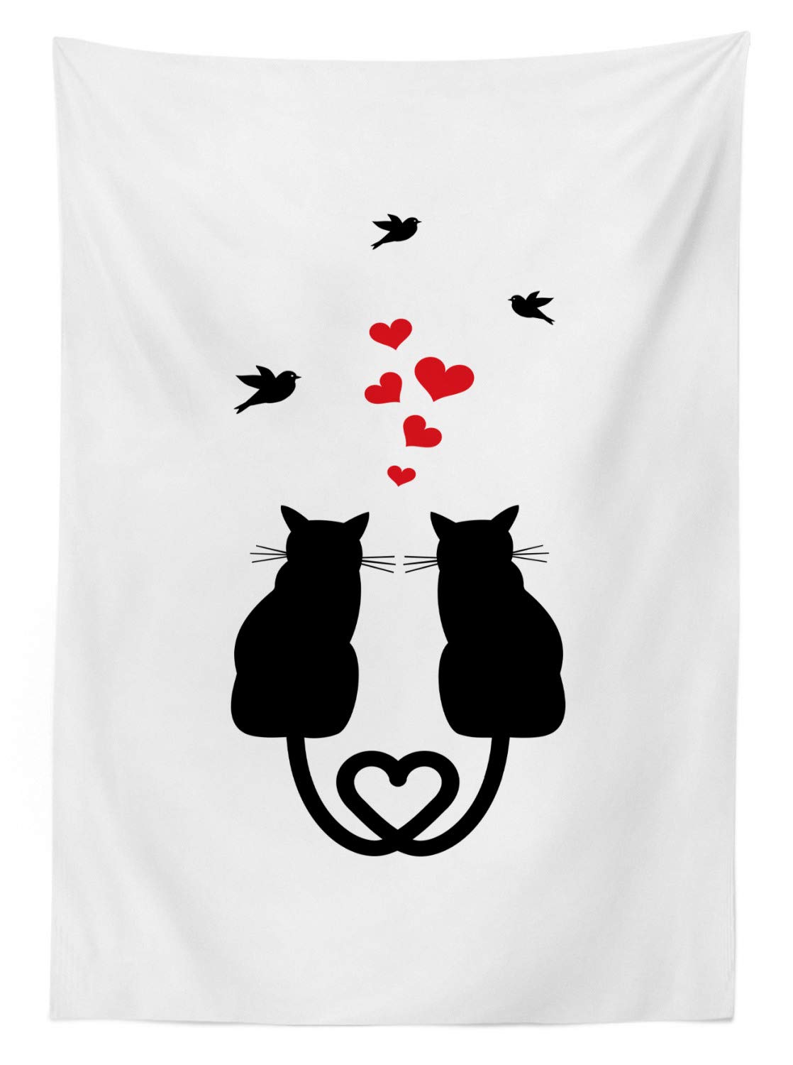 Ambesonne Romantic Valentine's Day Tablecloth - Cats, Hearts & Birds Silhouette Design, Washable Picnic Table Cover 58x84 Inches, Red Black White - Perfect for Outdoor Dining, Picnics & Date Nights