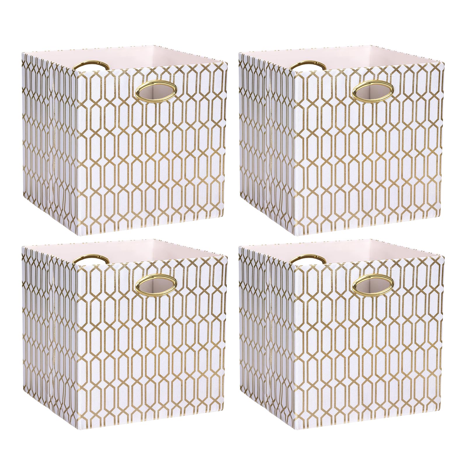 13x13x13 Collapsible Fabric Storage Cube Bins - 4 Pack Organizer Baskets for Shelves, Closet, Wardrobe, Bookshelf & Cabinet - White & Shiny Gold | Perfect for Home Organization, Kids Room & Office Storage