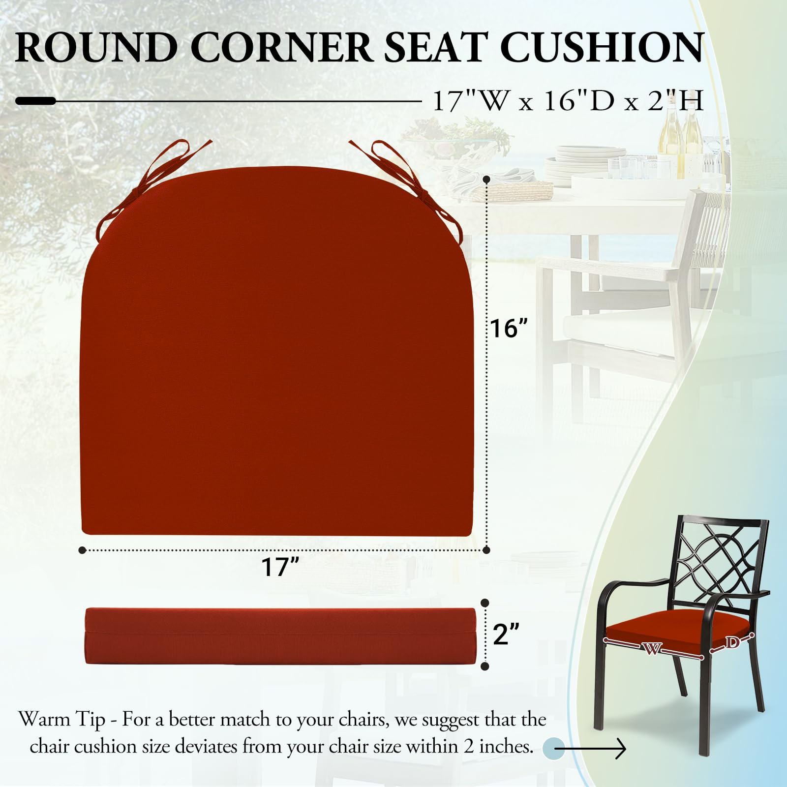 **Outdoor Chair Cushions for Patio Furniture - Set of 4 Water-Resistant Round Corner Seat Cushions 17
