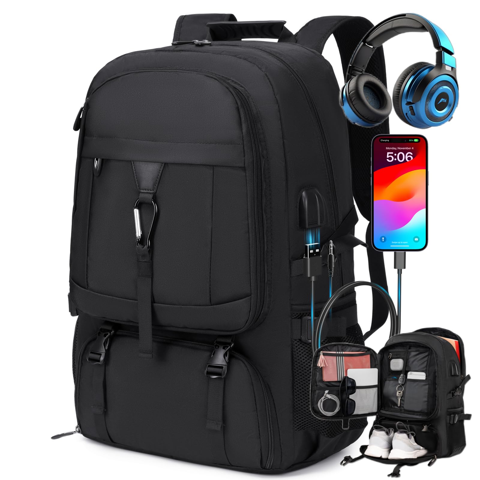 17.3 Inch Large Gym Backpack with Shoe Compartment - 50L Travel Backpack with Multiple Compartments, USB Charging Port & Anti-Theft Design - Airline Approved Carry-On Backpack for Men & Women - Perfect for Gym, Travel, Work & Business Trips