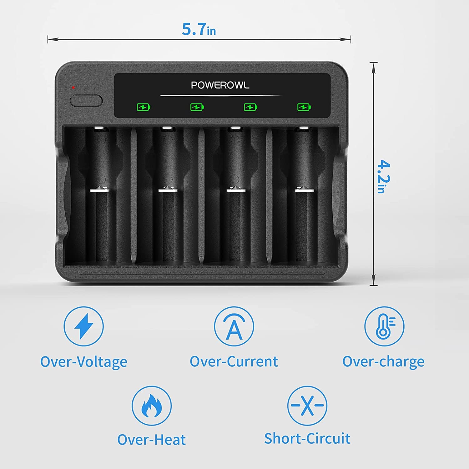POWEROWL 4 Bay USB Rechargeable D Batteries with Charger - Quick Charge for AA AAA C D Ni-MH Batteries (4-Pack) - Ideal for Flashlights, Toys, Cameras & Emergency Power Backup