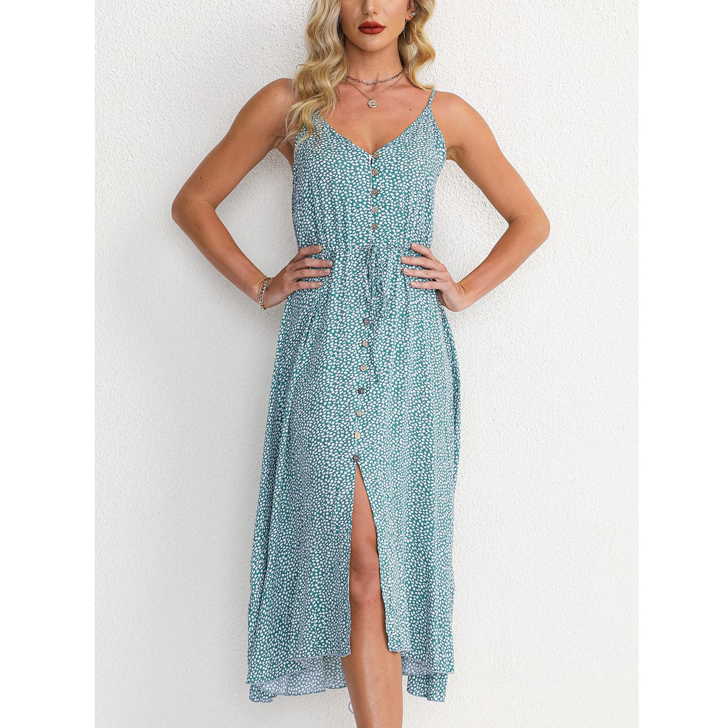 BROVAVE Women's Summer Casual Boho Sundress - Polka Dot Spaghetti Strap V-Neck Flowy Midi Dress for Beach, Vacation & Outdoor Parties | Lightweight & Comfortable