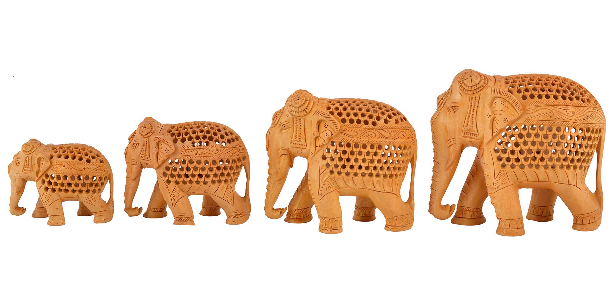 Handcrafted Wooden Elephant Statues Set of 4 - Indian Jaali Art Home Decor for Living Room, Tabletop Display, Housewarming Gifts | Perfect for Boho Decor, Meditation Spaces & Ethnic Home Accents