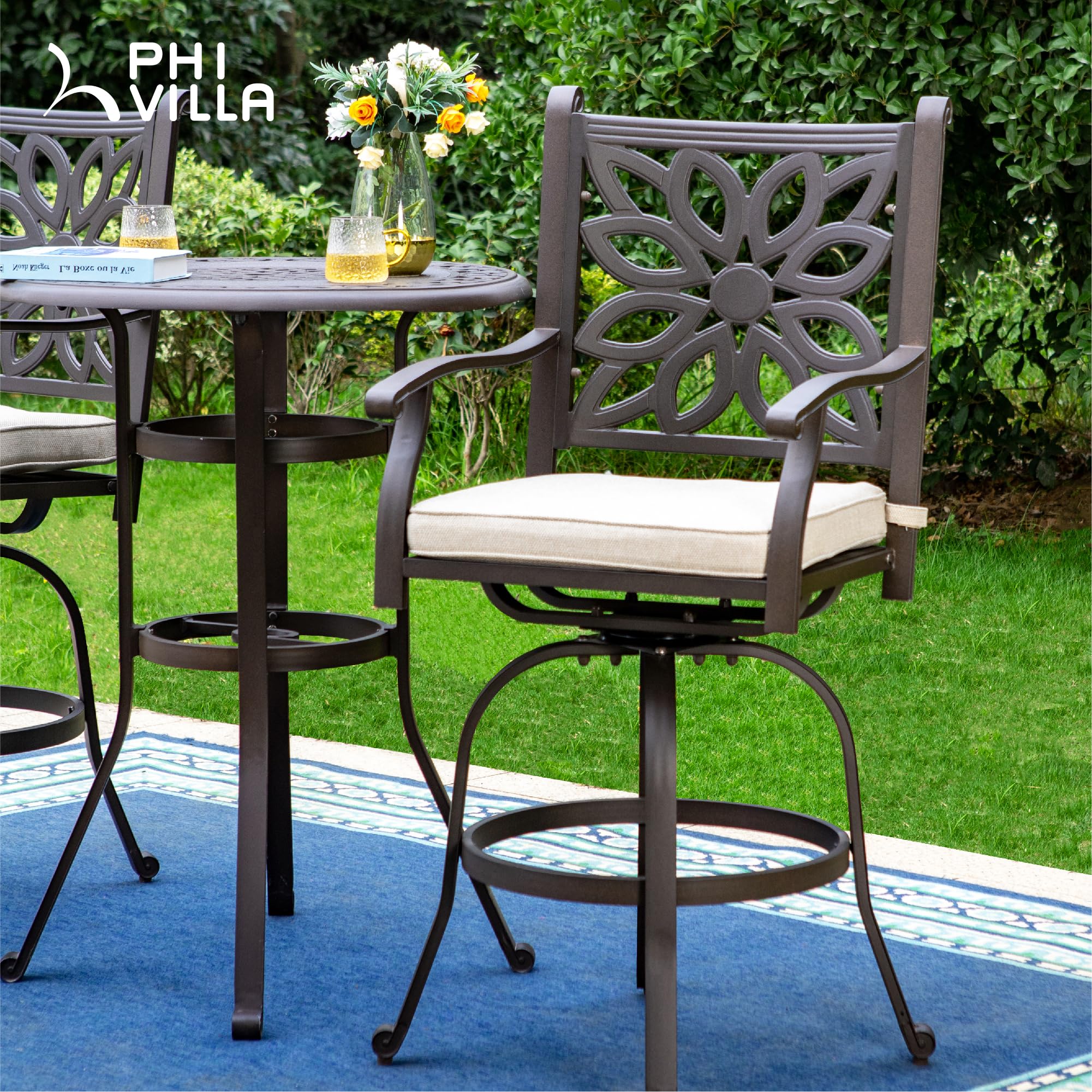 PHI VILLA 3-Piece Outdoor Patio Furniture Set - Swivel Bar Stools & Table, Cast Aluminum Bistro Set for Deck, Lawn, Garden & Backyard - Perfect for Outdoor Dining, Entertaining & Relaxing
