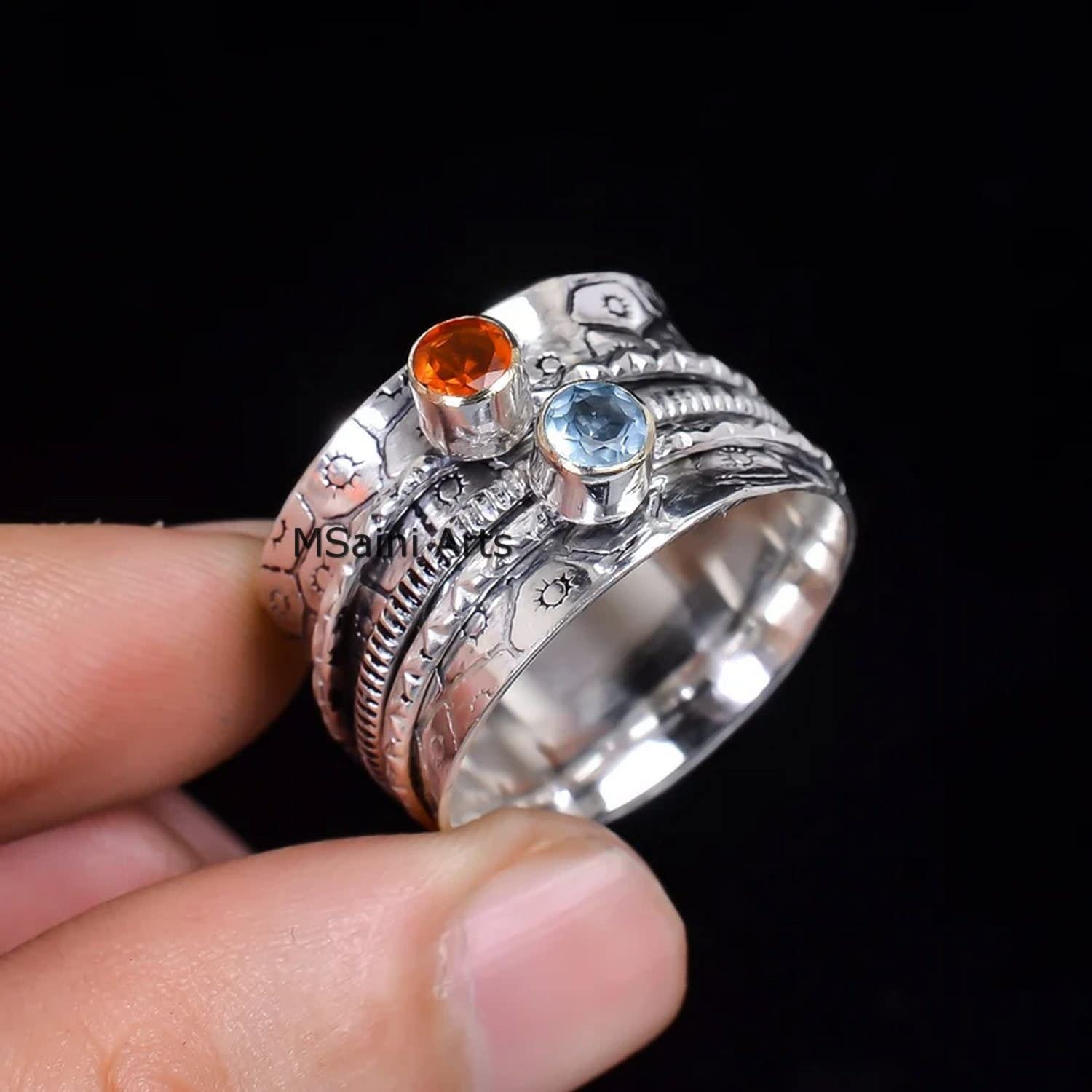 925 Sterling Silver Spinner Ring for Women & Men - Natural Garnet & Blue Topaz Gemstone Handcrafted Jewelry - Stress Relief, Anxiety Relief, Meditation & Fashion Accessory