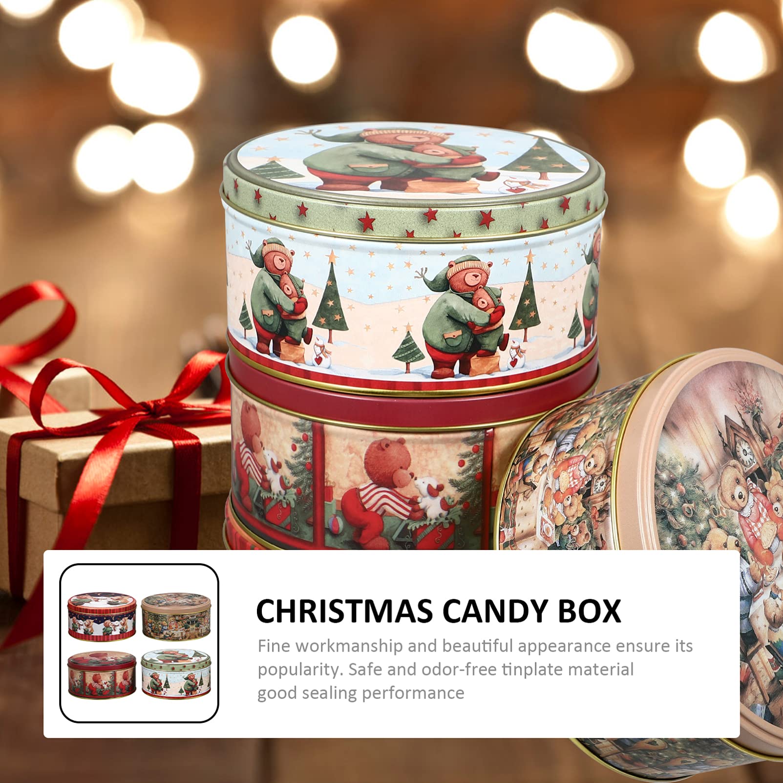 4 Pcs Christmas Cookie Tins with Lids - Holiday Gift Boxes for Candy & Party Supplies - Perfect for Xmas Gifting & Home Decor