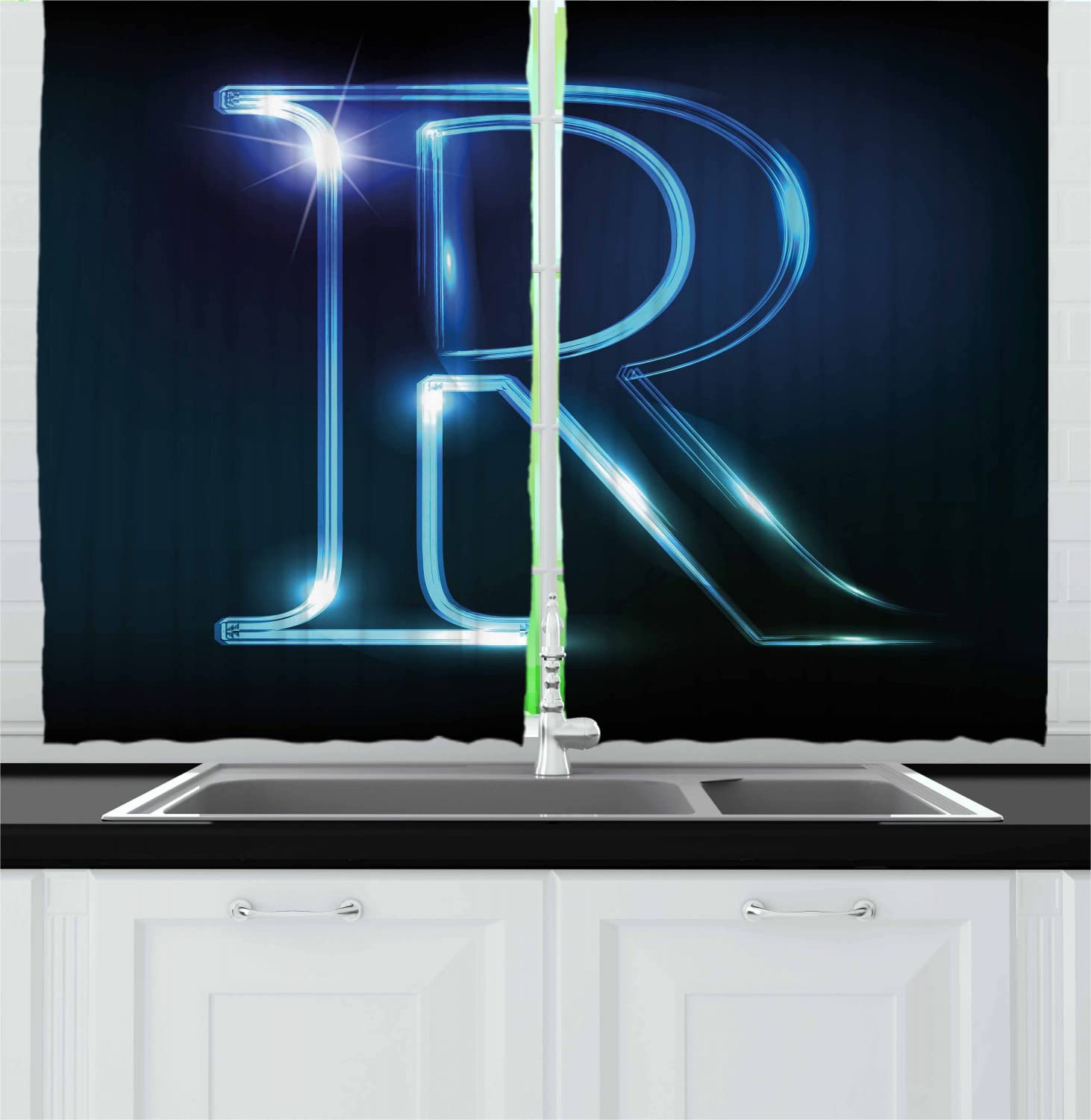 Ambesonne Letter R Modern Kitchen Curtains - Futuristic Calligraphy Print with Writing Language Design, 2 Panel Drapes with Rod Pocket, 55 x 45 Inches, Blue & Black - Perfect for Contemporary Dining Rooms & Home Office Decor