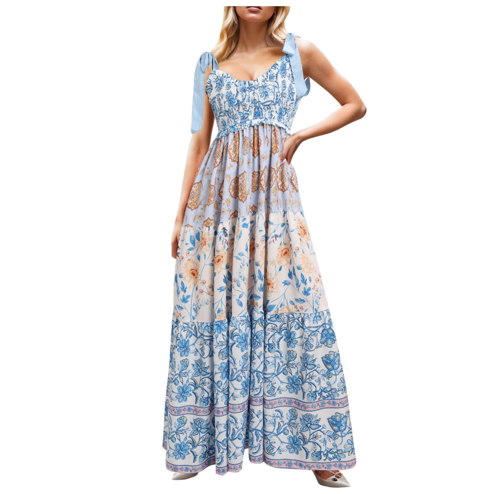 2024 Women's Work & Summer Dresses - Flowy Smocked Maxi Boho Dress with Sleeveless Tie Shoulder in Floral Print | Light Blue Medium | Perfect for Beach, Office & Casual Outings