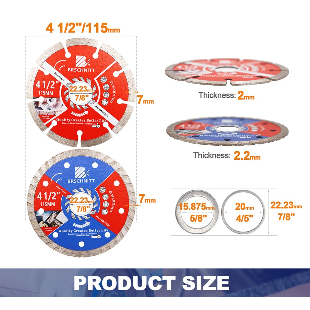 8pcs 4-1/2 Inch Diamond Blade Set for Granite, Stone, Masonry - 115mm Wet/Dry Cutting Disc with 7/8