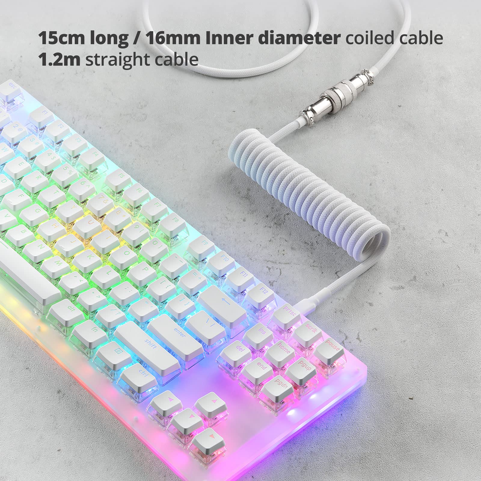 Premium Custom Coiled USB C Cable for Gaming Keyboards - Double-Sleeved Mechanical Keyboard Cable with Detachable Metal Aviator Connector (1.5M USB-C to USB-A, White) - Perfect for Esports, Streaming & Professional Gaming Setups