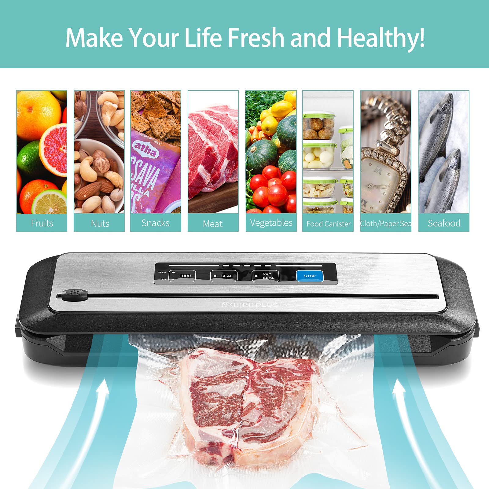 Inkbird Automatic Vacuum Sealer Machine with Built-in Cutter - Includes 55 Count 8