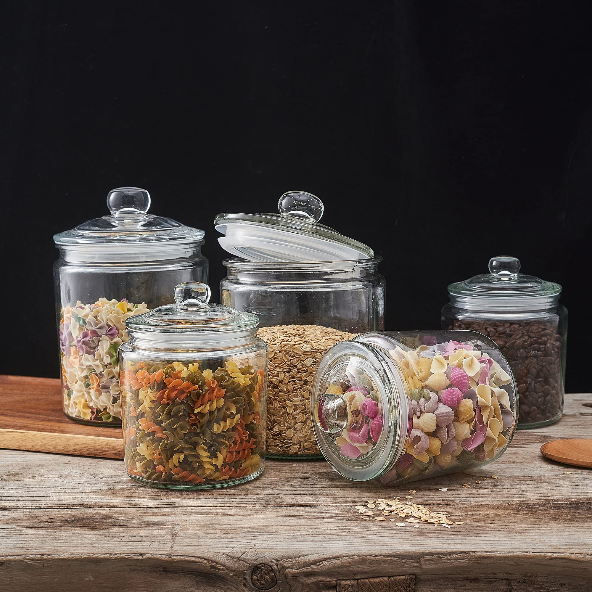 Premium Glass Kitchen Canister Storage Jars - Airtight Food Containers Set of 3 (32oz) for Flour, Sugar, Coffee & Dry Goods - Perfect for Pantry Organization & Countertop Display