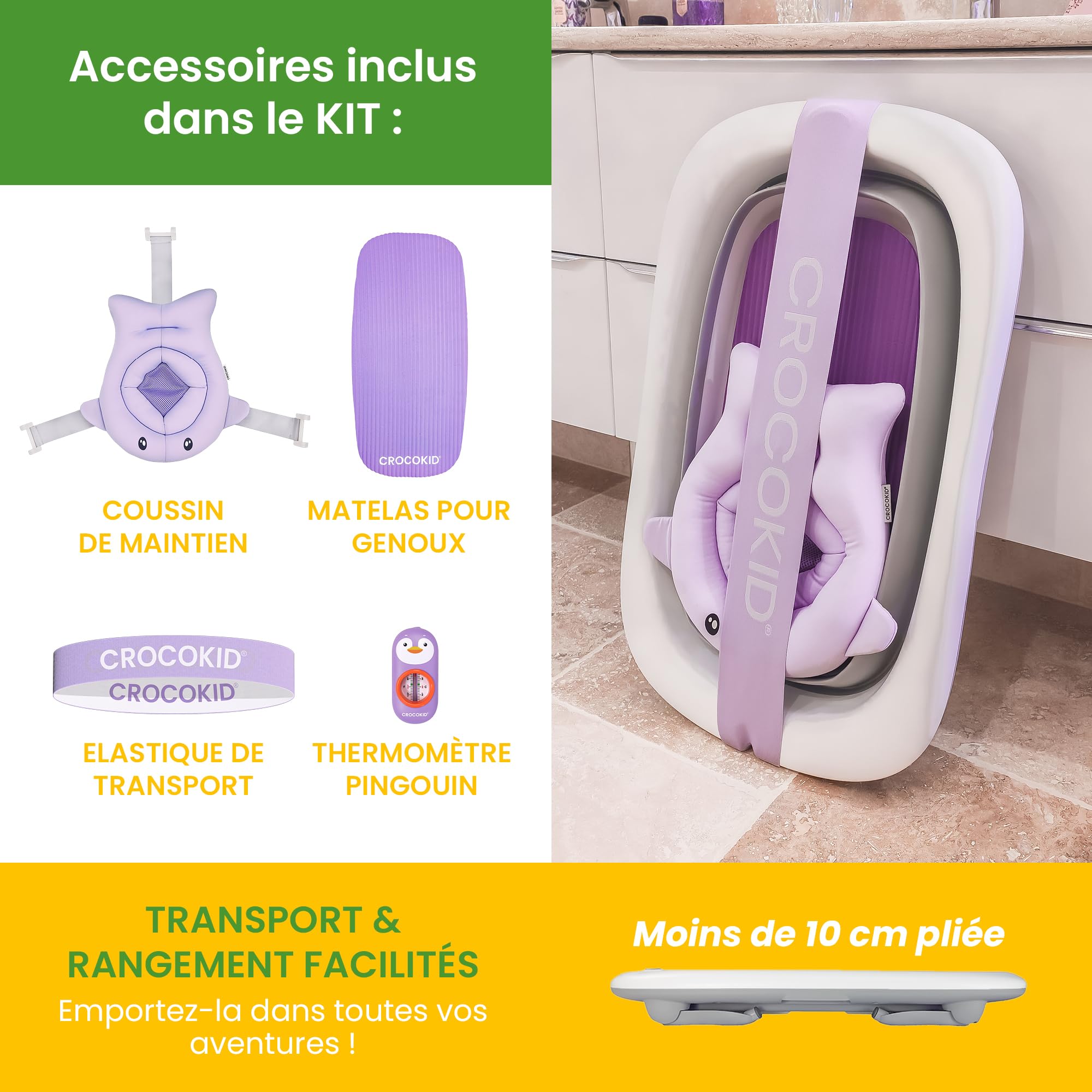 CROCOKID® Foldable Baby Bathtub Set for Newborn to 5 Years - Large Infant Bath with Cushion, Mat & Thermometer - Portable Baby Bathing Essentials for Home, Travel & Daycare Use